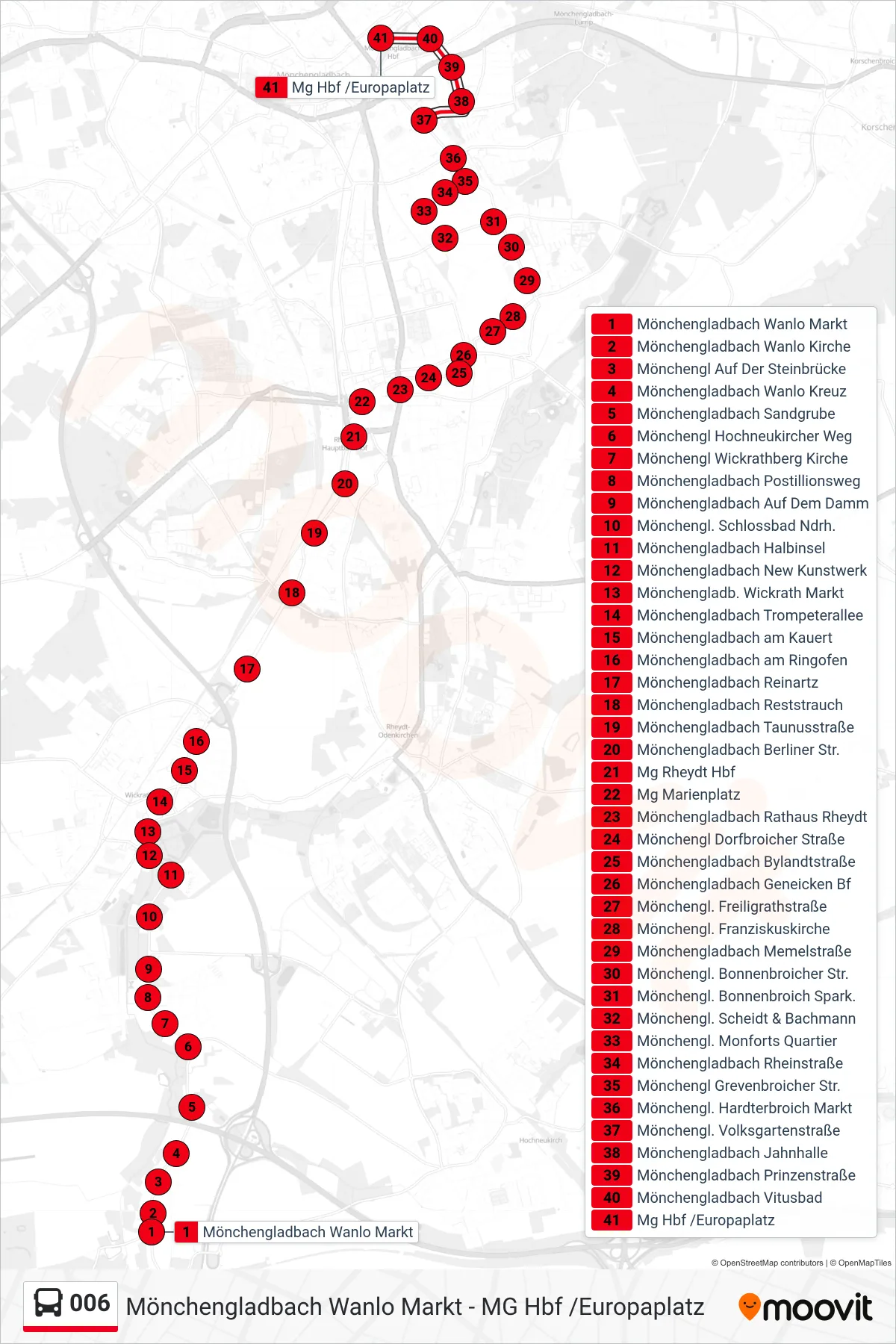 006 bus Line (Mg Hbf /Europaplatz) route and stops on a map