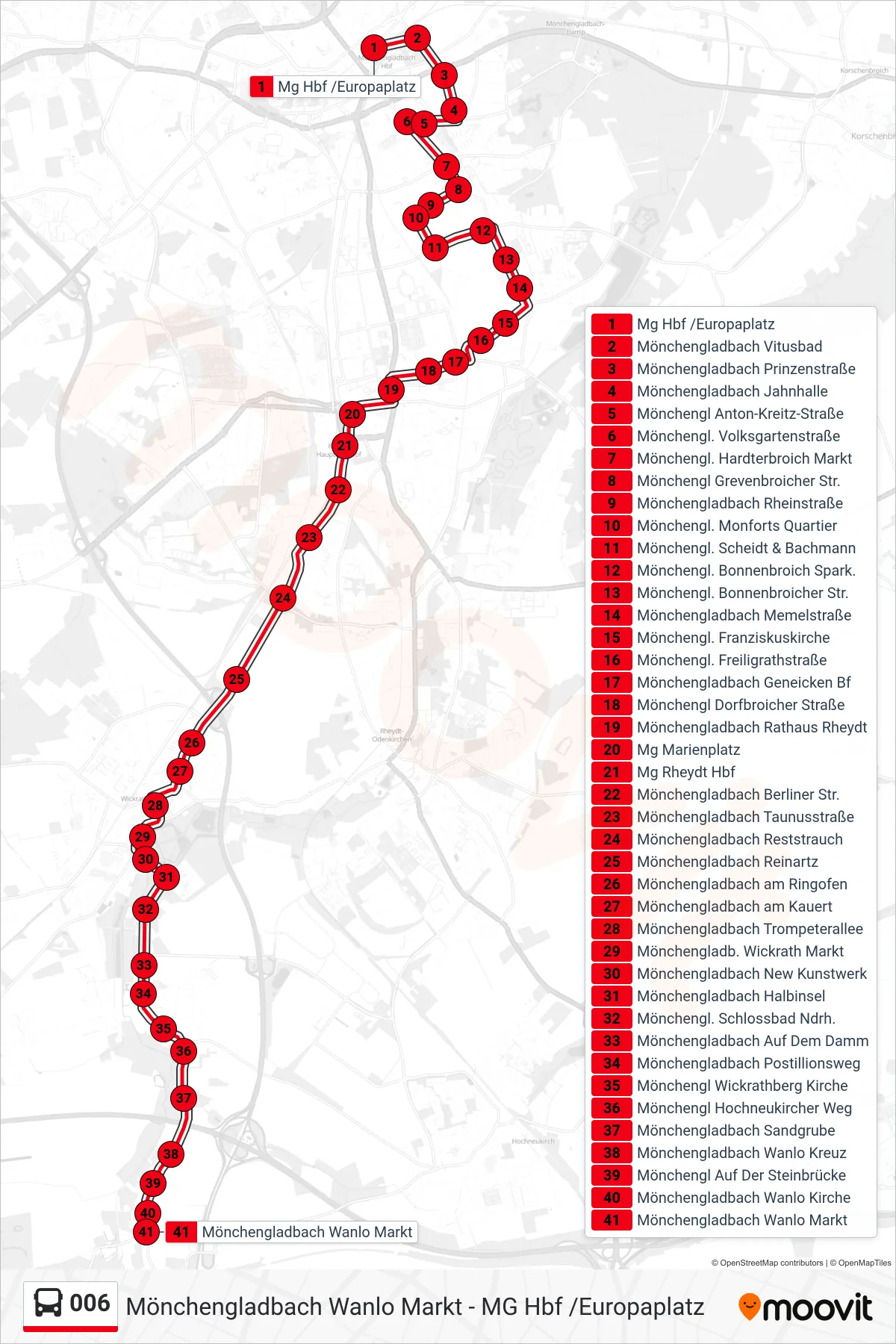 006 bus Line (Mönchengladbach Wanlo Markt) route and stops on a map