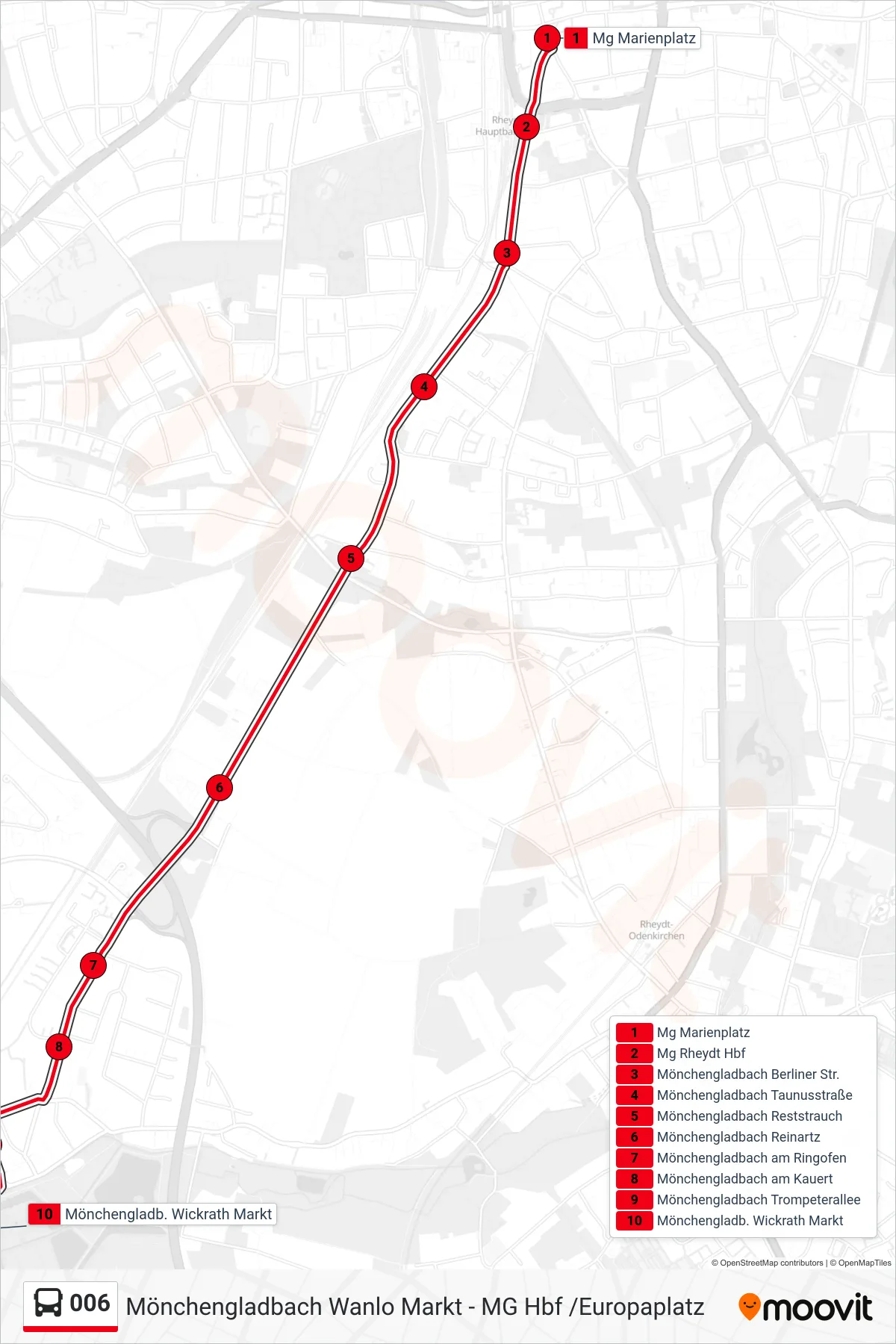 Linie 006 (Bus) Richtung Mönchengladb. Wickrath Markt: Route und Haltestellen auf der Karte