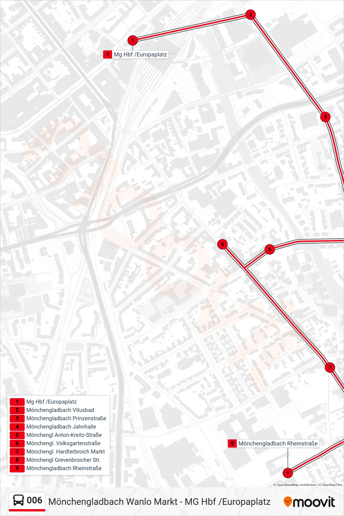Linie 006 (Bus) Richtung Mönchengladbach Rheinstraße: Route und Haltestellen auf der Karte