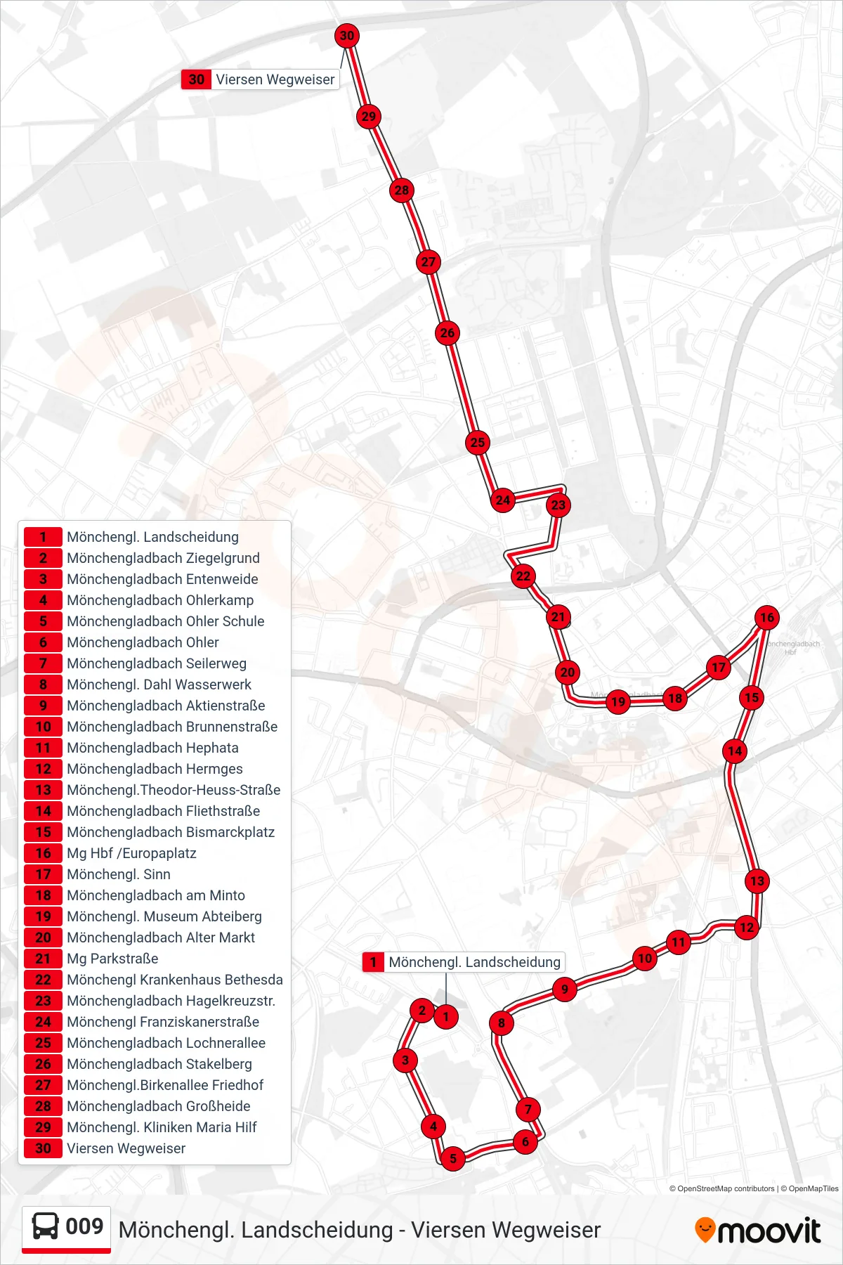 Linie 009 (Bus) Richtung Viersen Wegweiser: Route und Haltestellen auf der Karte