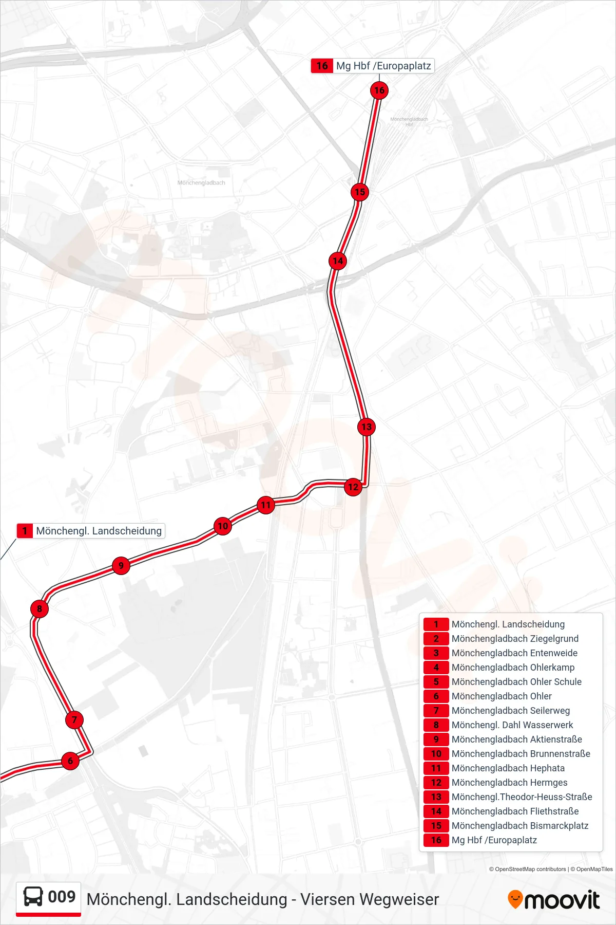009 bus Line (Mg Hbf /Europaplatz) route and stops on a map