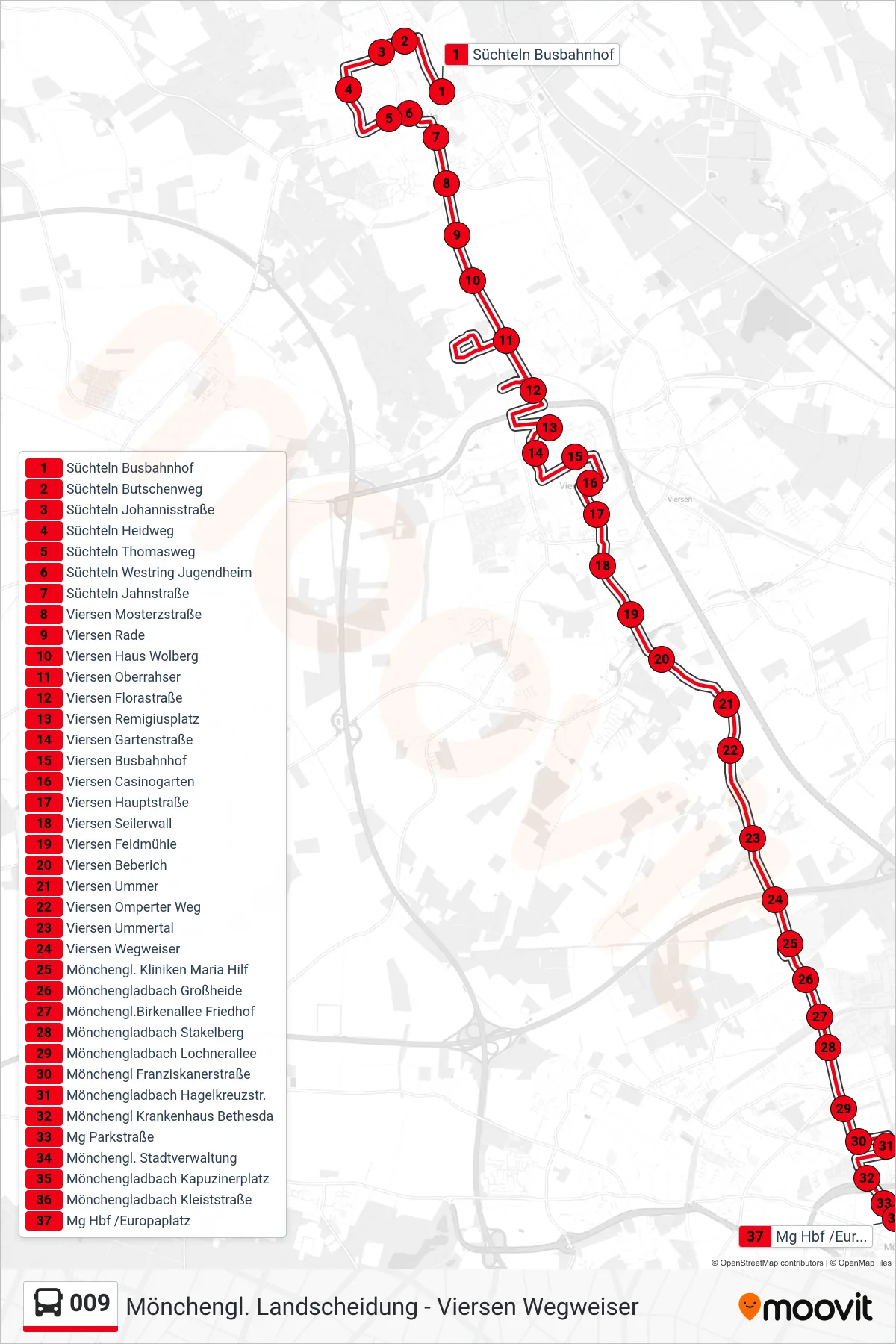 009 bus Line (Mg Hbf /Europaplatz) route and stops on a map