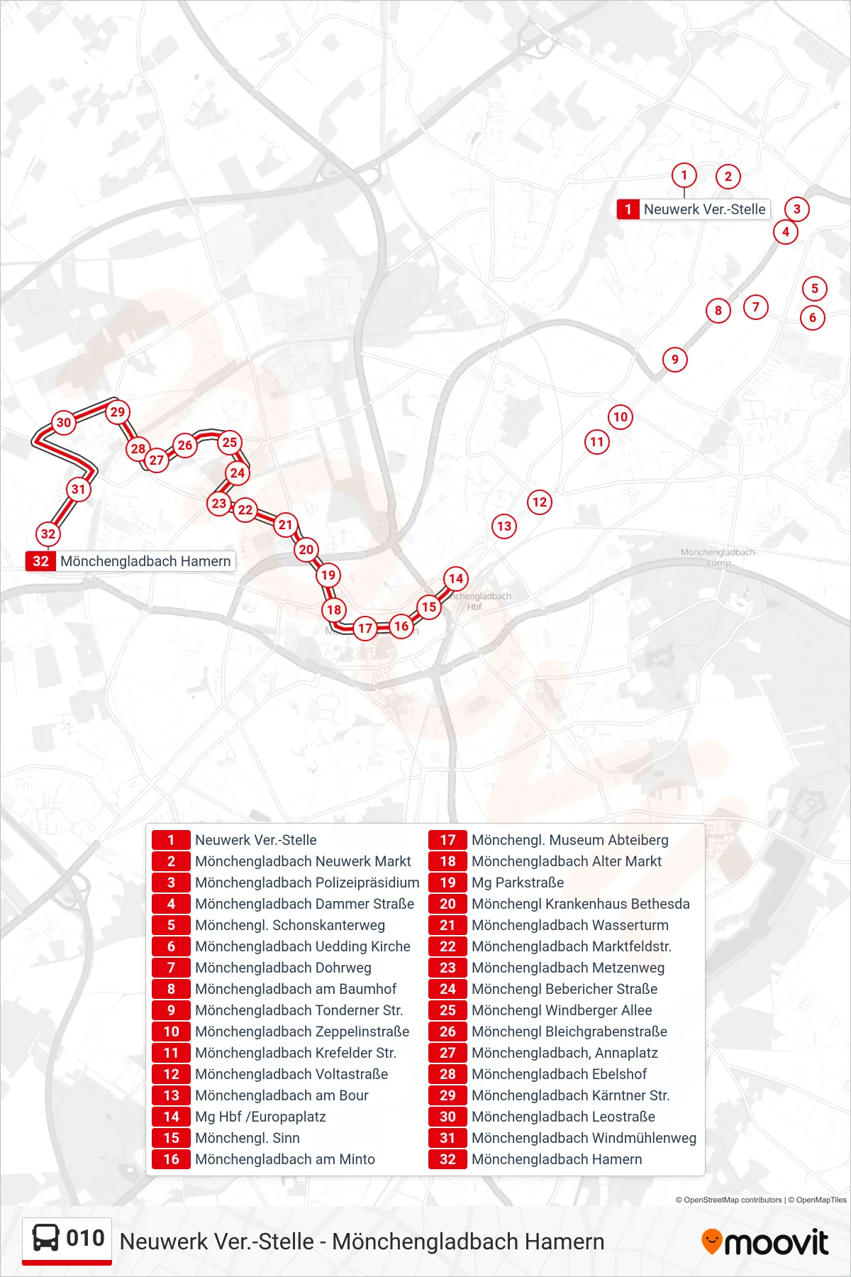 010 bus Line (Mönchengladbach Hamern) route and stops on a map