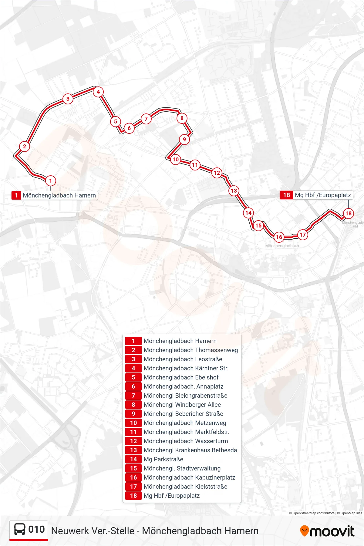 010 bus Line (Mg Hbf /Europaplatz) route and stops on a map