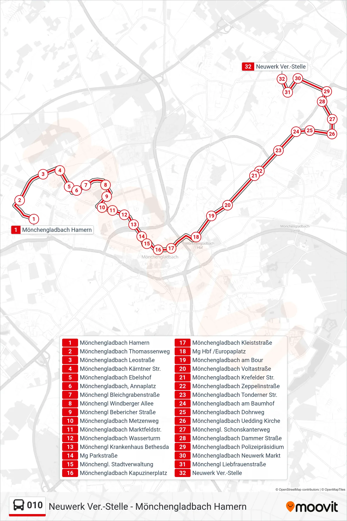 Linie 010 (Bus) Richtung Neuwerk Ver.-Stelle: Route und Haltestellen auf der Karte