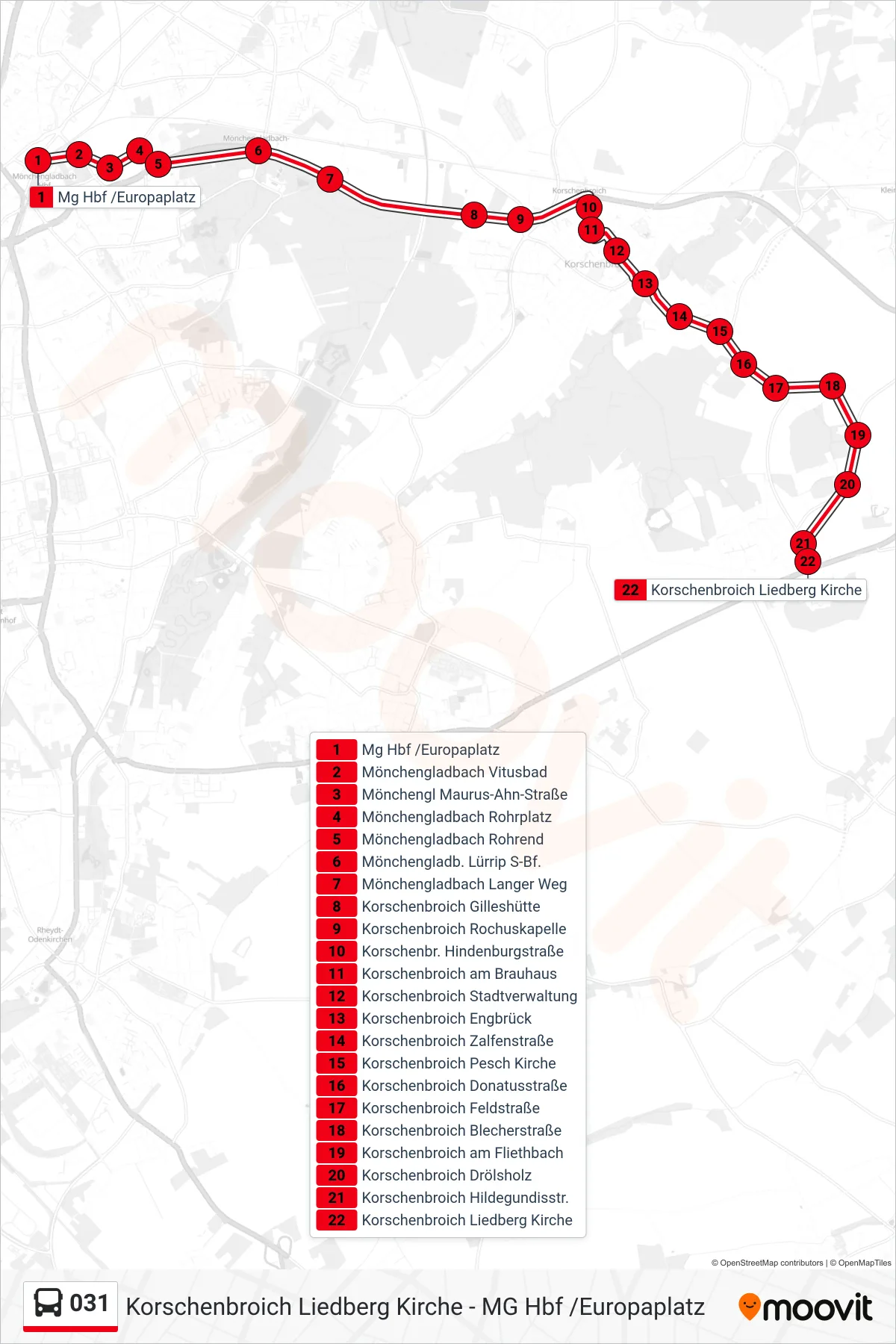 Linie 031 (Bus) Richtung Korschenbroich Liedberg Kirche: Route und Haltestellen auf der Karte