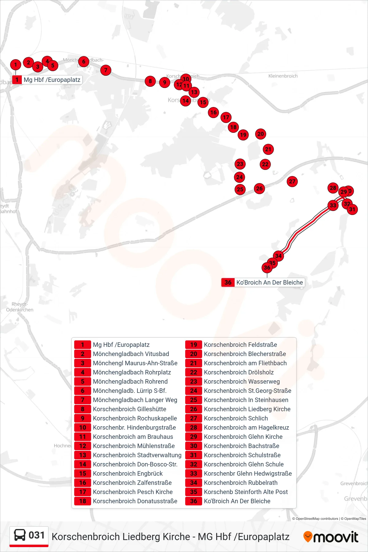 031 bus Line (Ko'Broich An Der Bleiche) route and stops on a map