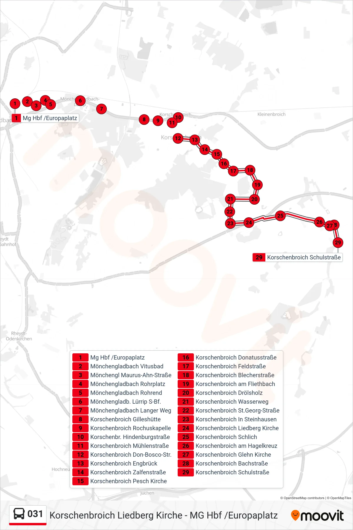 Linie 031 (Bus) Richtung Korschenbroich Schulstraße: Route und Haltestellen auf der Karte
