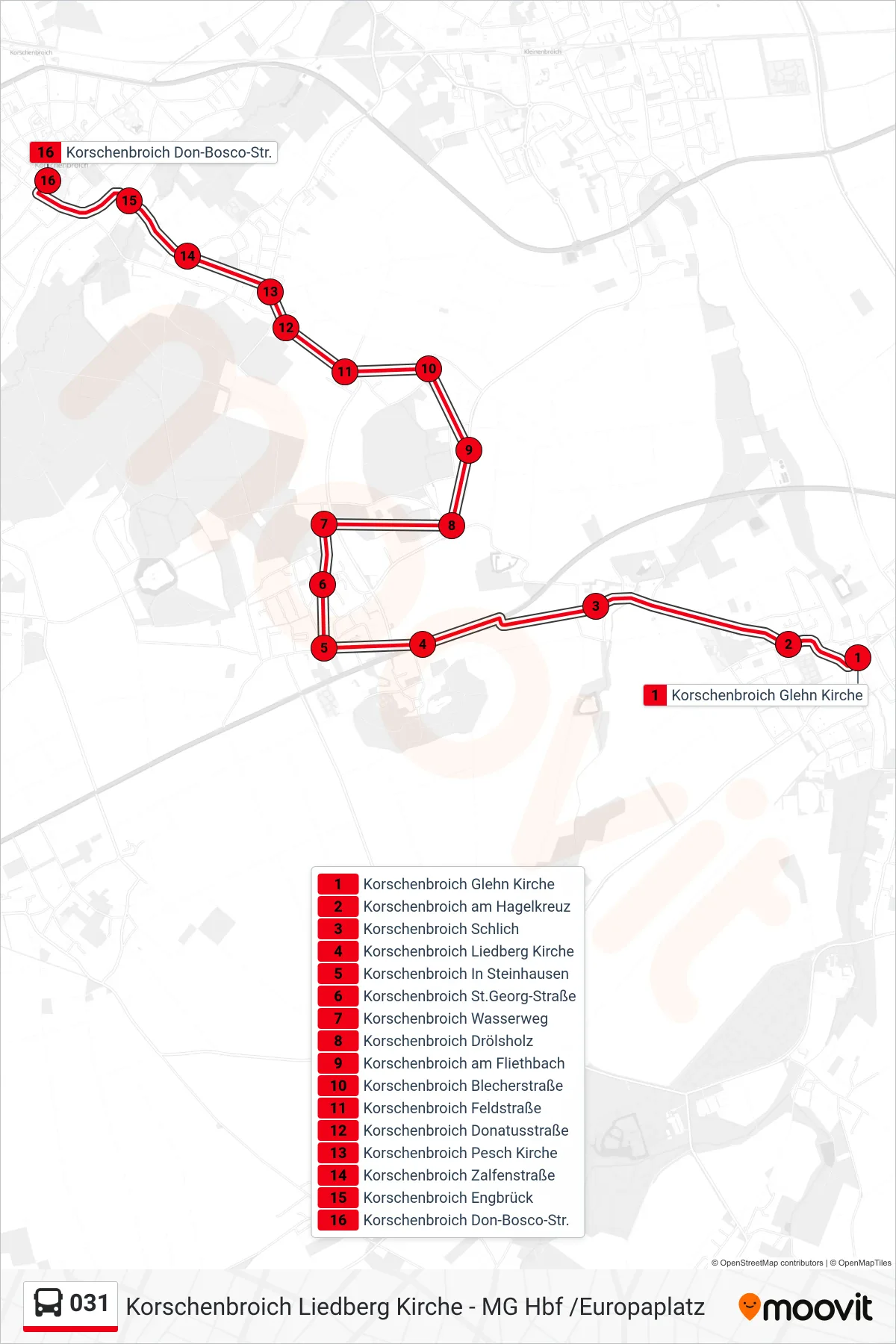 031 bus Line (Korschenbroich Don-Bosco-Str.) route and stops on a map