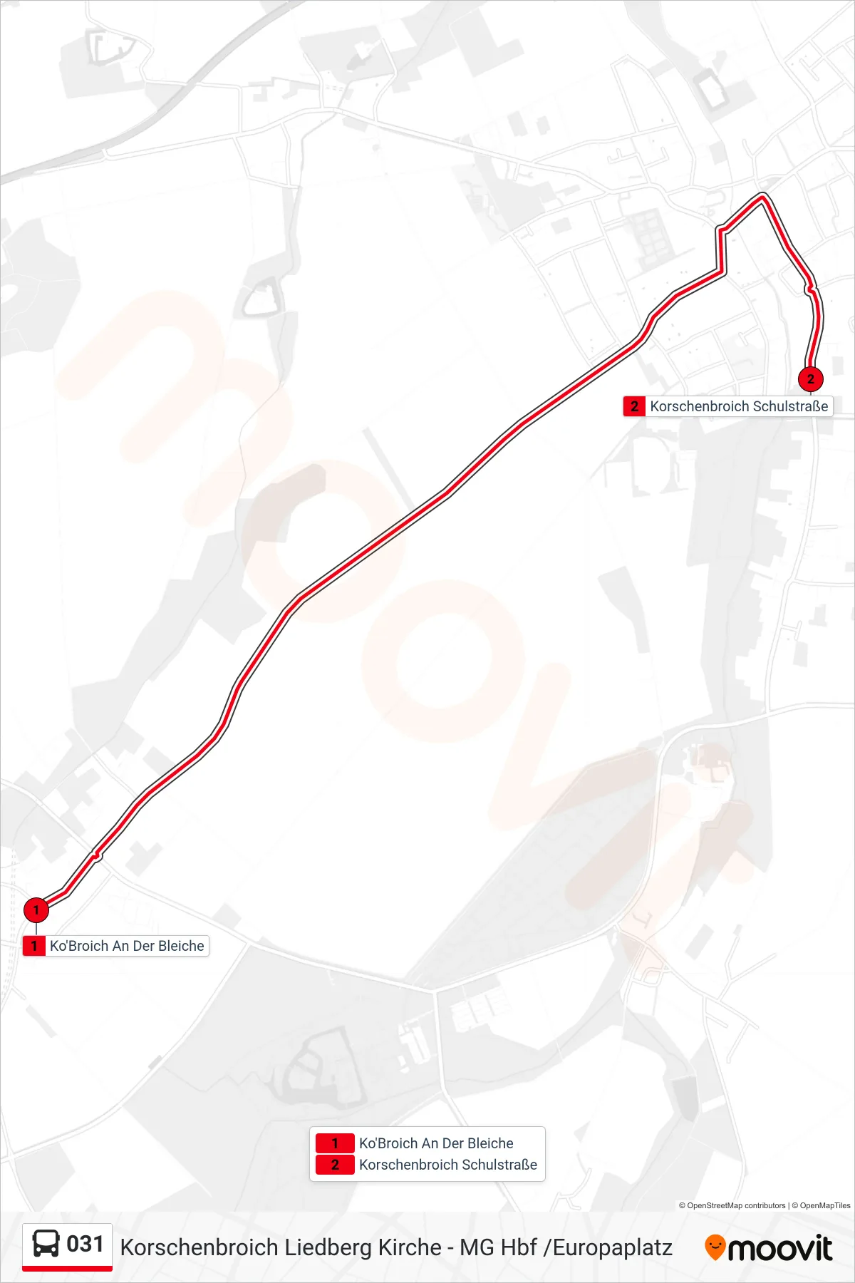 031 bus Line (Korschenbroich Schulstraße) route and stops on a map