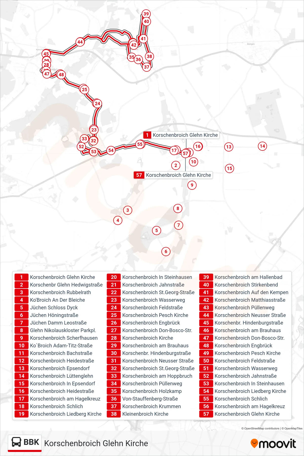 Linie BBK (Bus) Richtung Korschenbroich Glehn Kirche: Route und Haltestellen auf der Karte