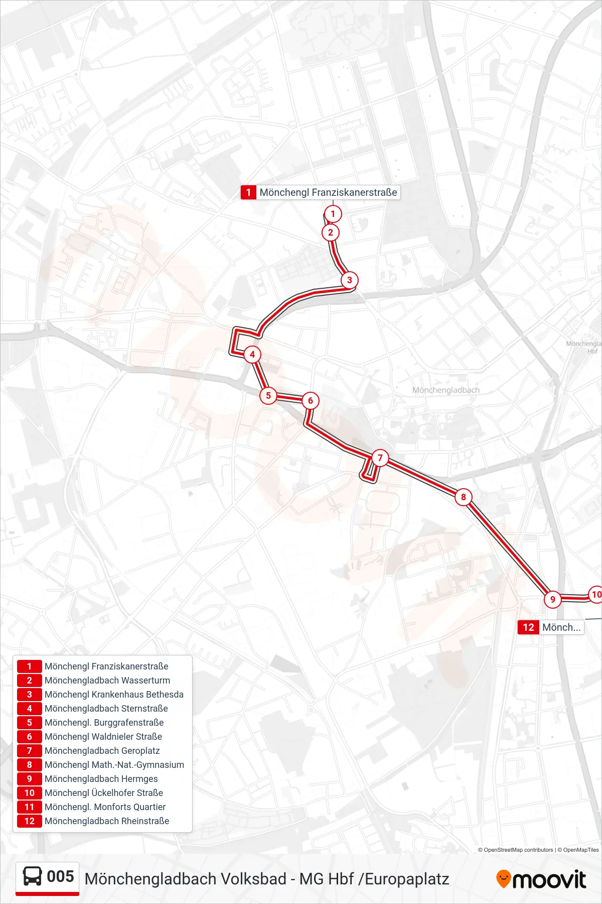 Linie 005 (Bus) Richtung Mönchengladbach Rheinstraße: Route und Haltestellen auf der Karte