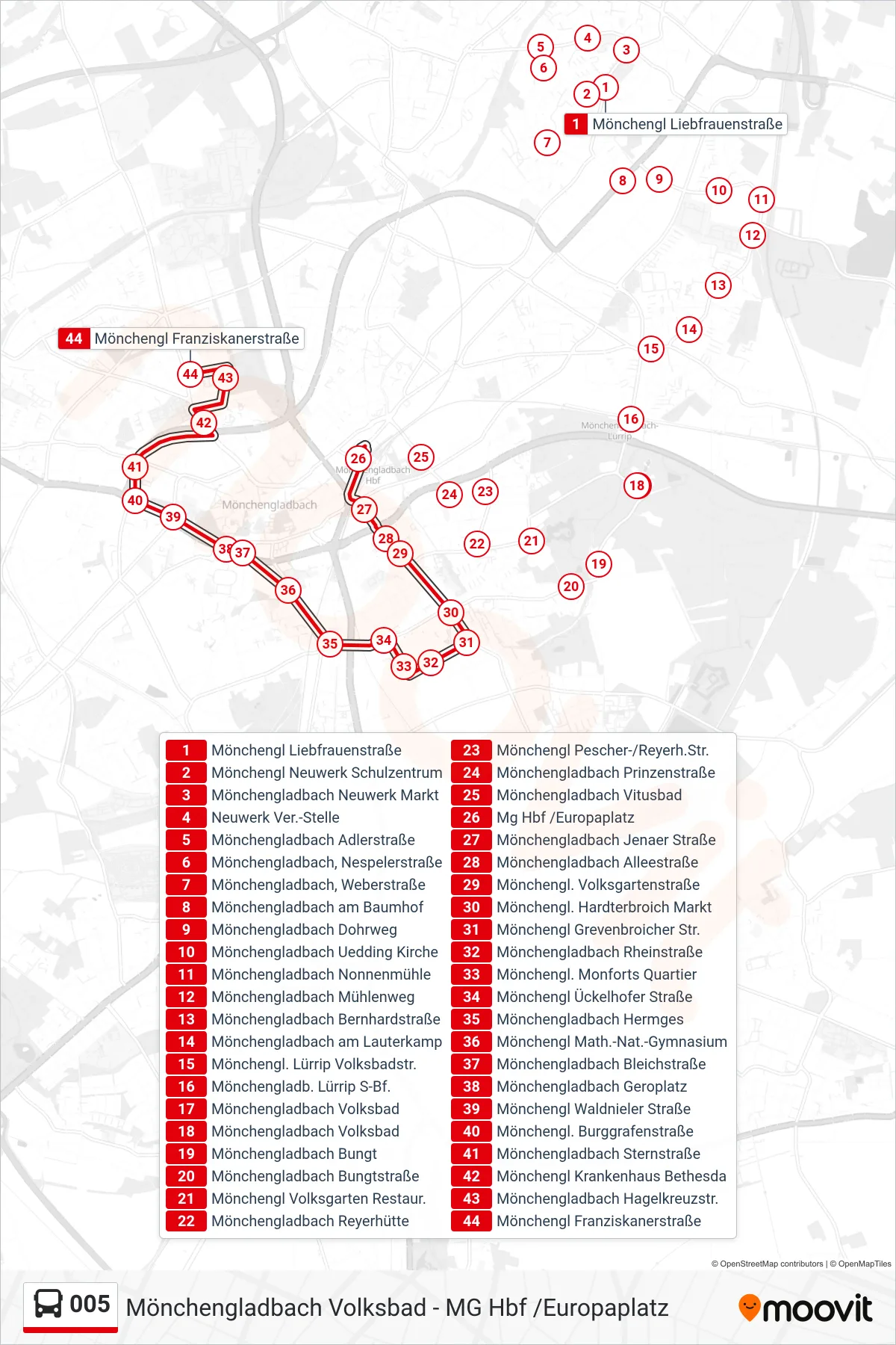 Linie 005 (Bus) Richtung Mönchengl Franziskanerstraße: Route und Haltestellen auf der Karte