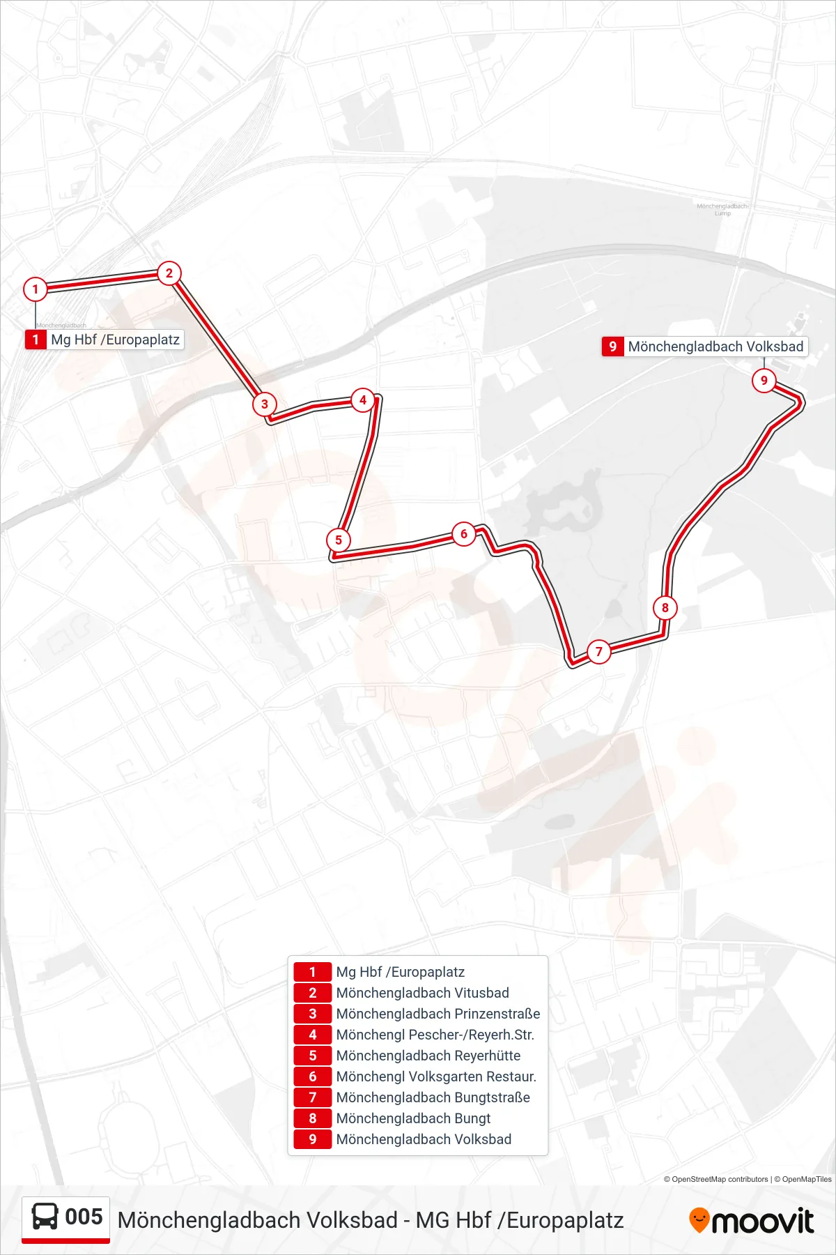 005 bus Line (Mönchengladbach Volksbad) route and stops on a map