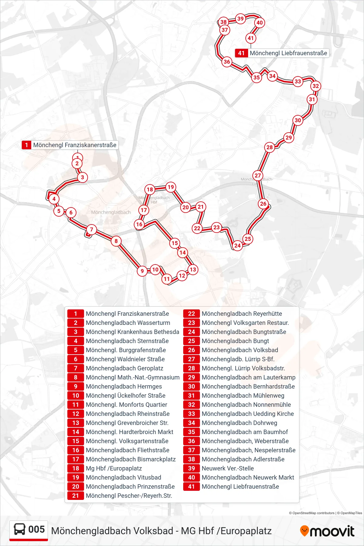 Linie 005 (Bus) Richtung Mönchengl Liebfrauenstraße: Route und Haltestellen auf der Karte