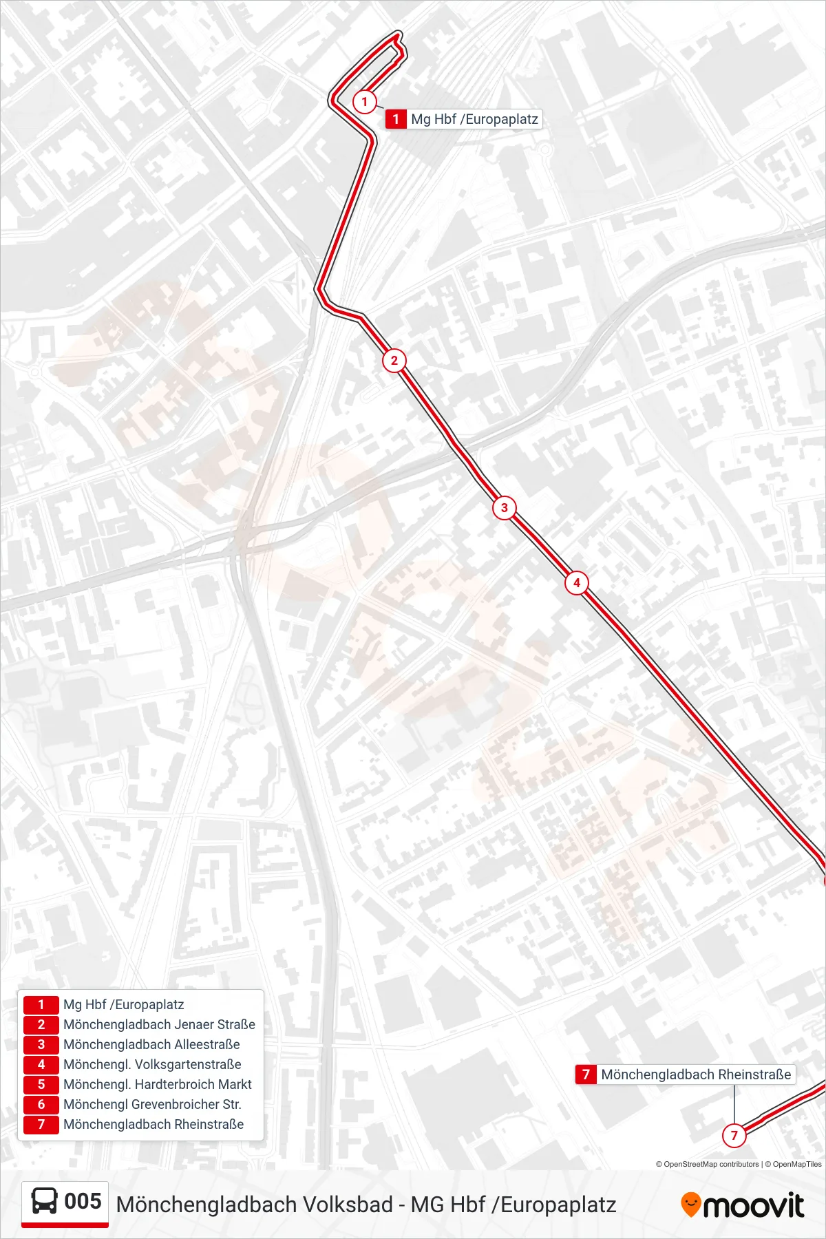 Linie 005 (Bus) Richtung Mönchengladbach Rheinstraße: Route und Haltestellen auf der Karte