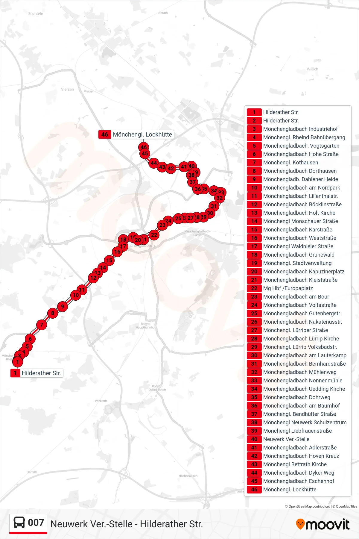 007 bus Line (Mönchengl. Lockhütte) route and stops on a map