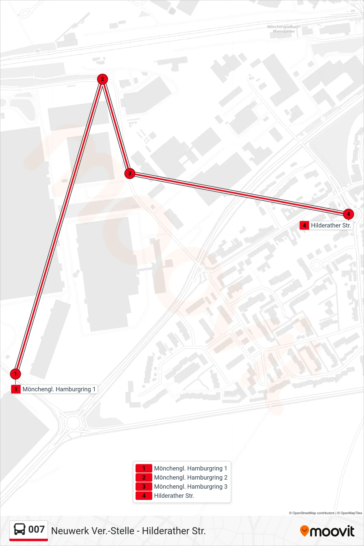 007 bus Line (Hilderather Str.) route and stops on a map