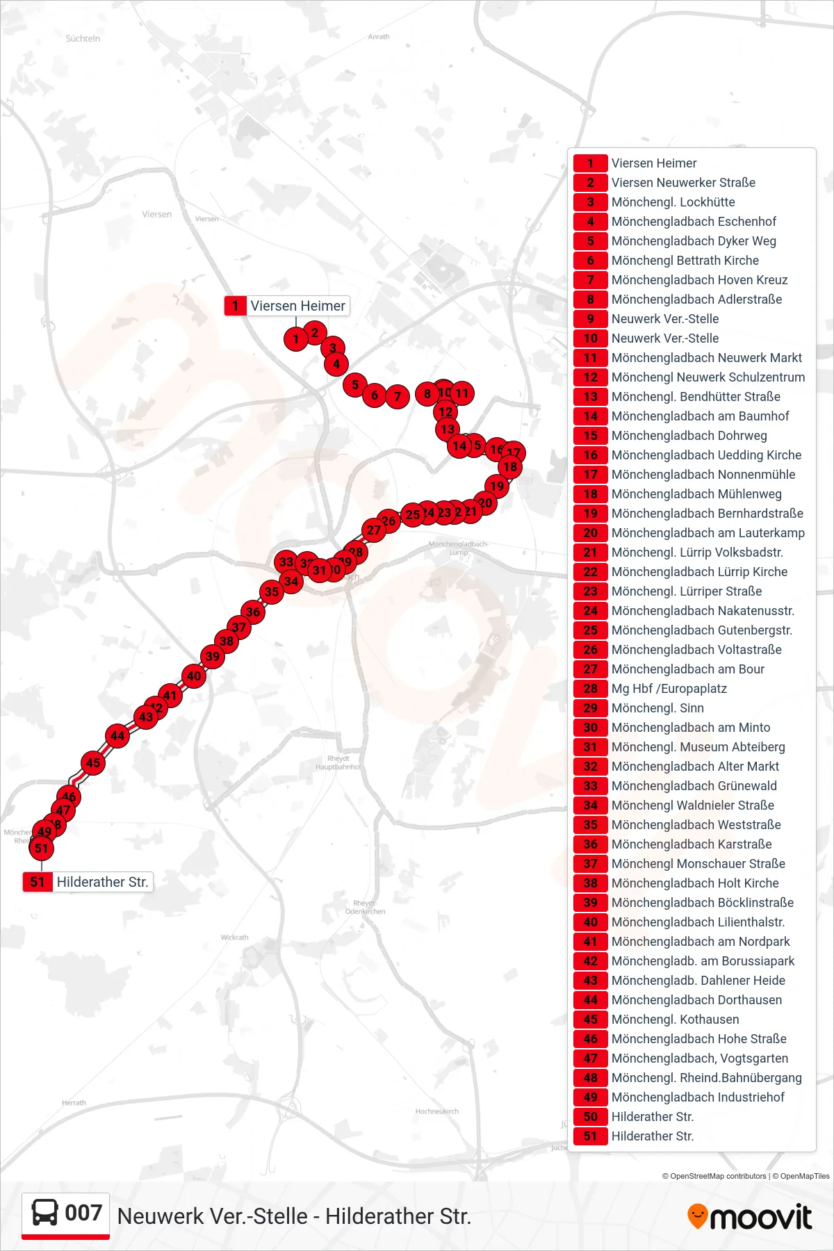 007 bus Line (Hilderather Str.) route and stops on a map