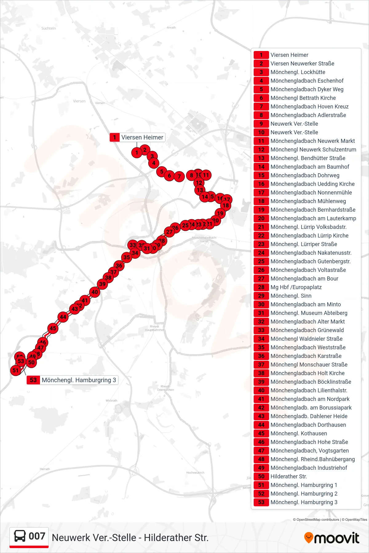 007 bus Line (Mönchengl. Hamburgring 3) route and stops on a map