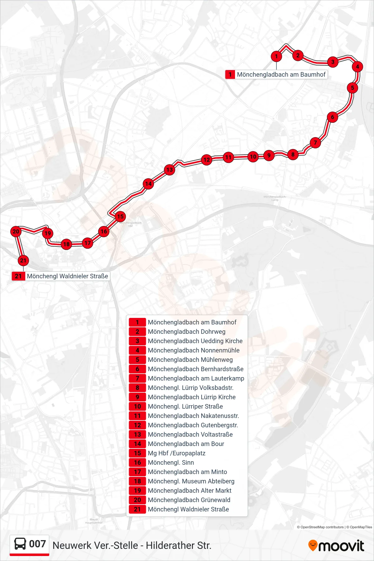 007 bus Line (Mönchengl Waldnieler Straße) route and stops on a map