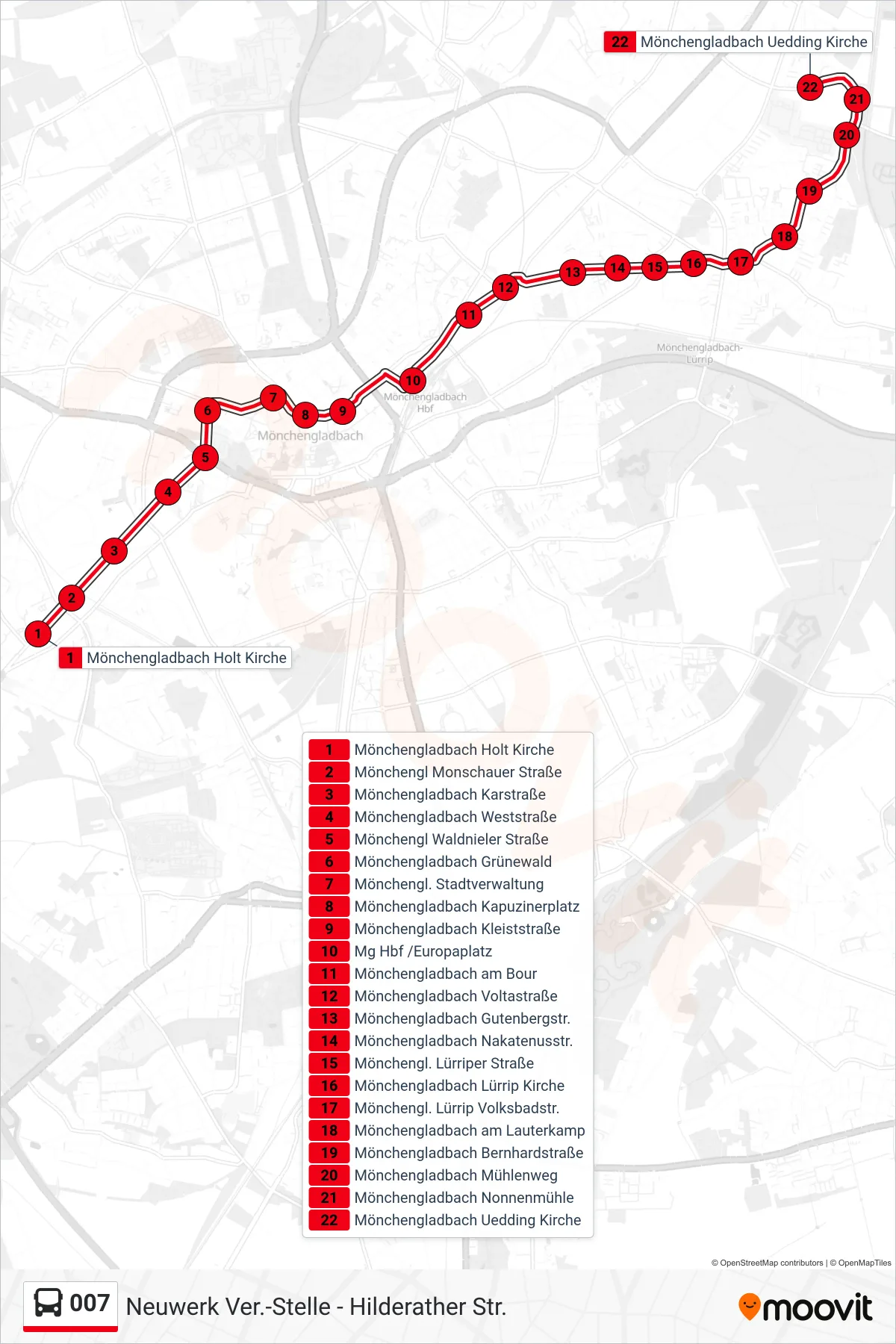 007 bus Line (Mönchengladbach Uedding Kirche) route and stops on a map