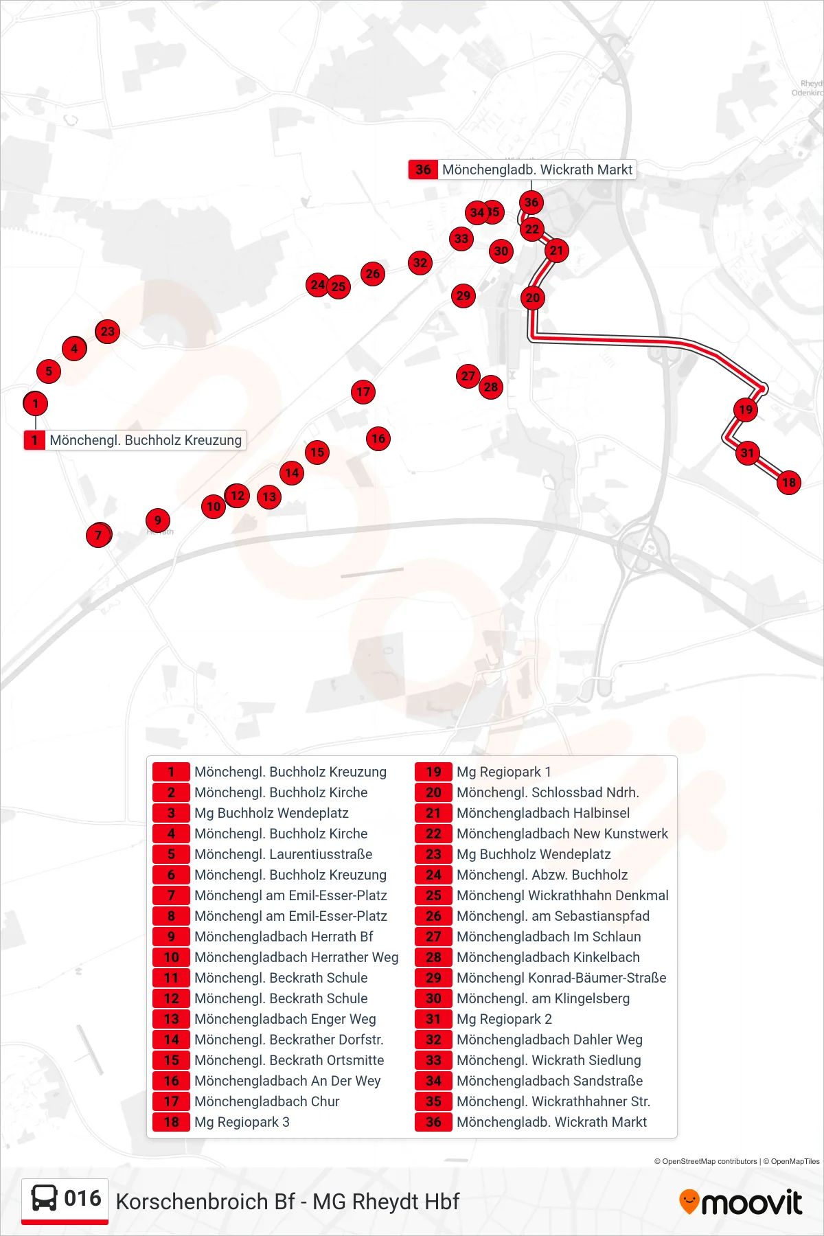 016 bus Line (Mönchengladb. Wickrath Markt) route and stops on a map