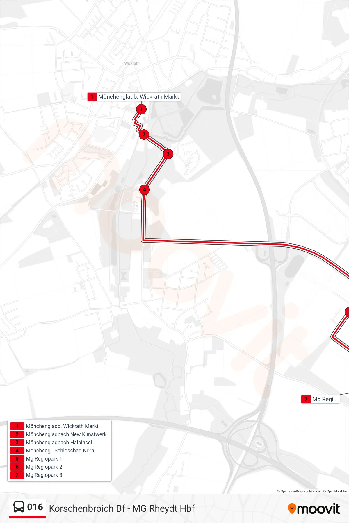 016 bus Line (Mg Regiopark 3) route and stops on a map