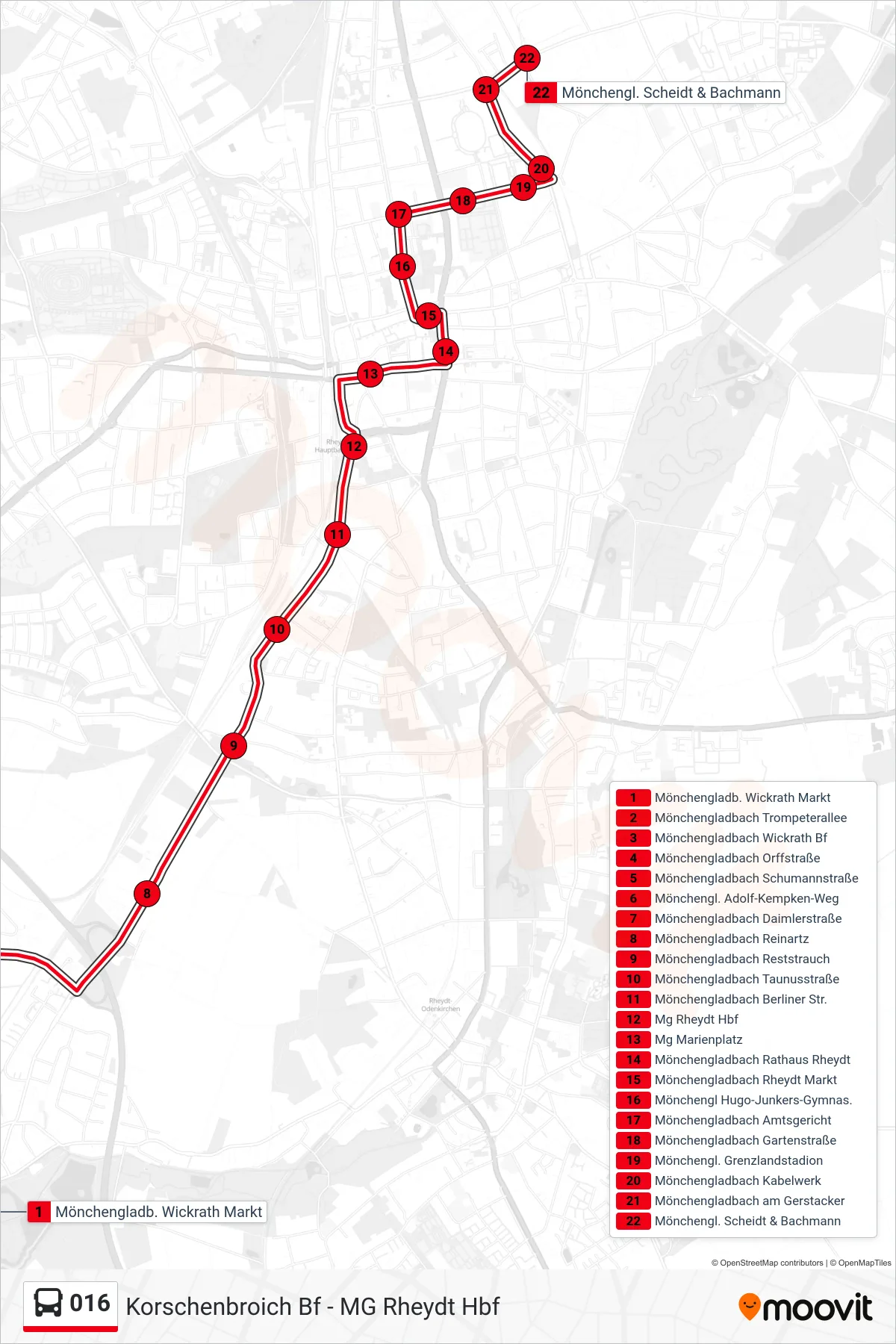016 bus Line (Mönchengl. Scheidt & Bachmann) route and stops on a map