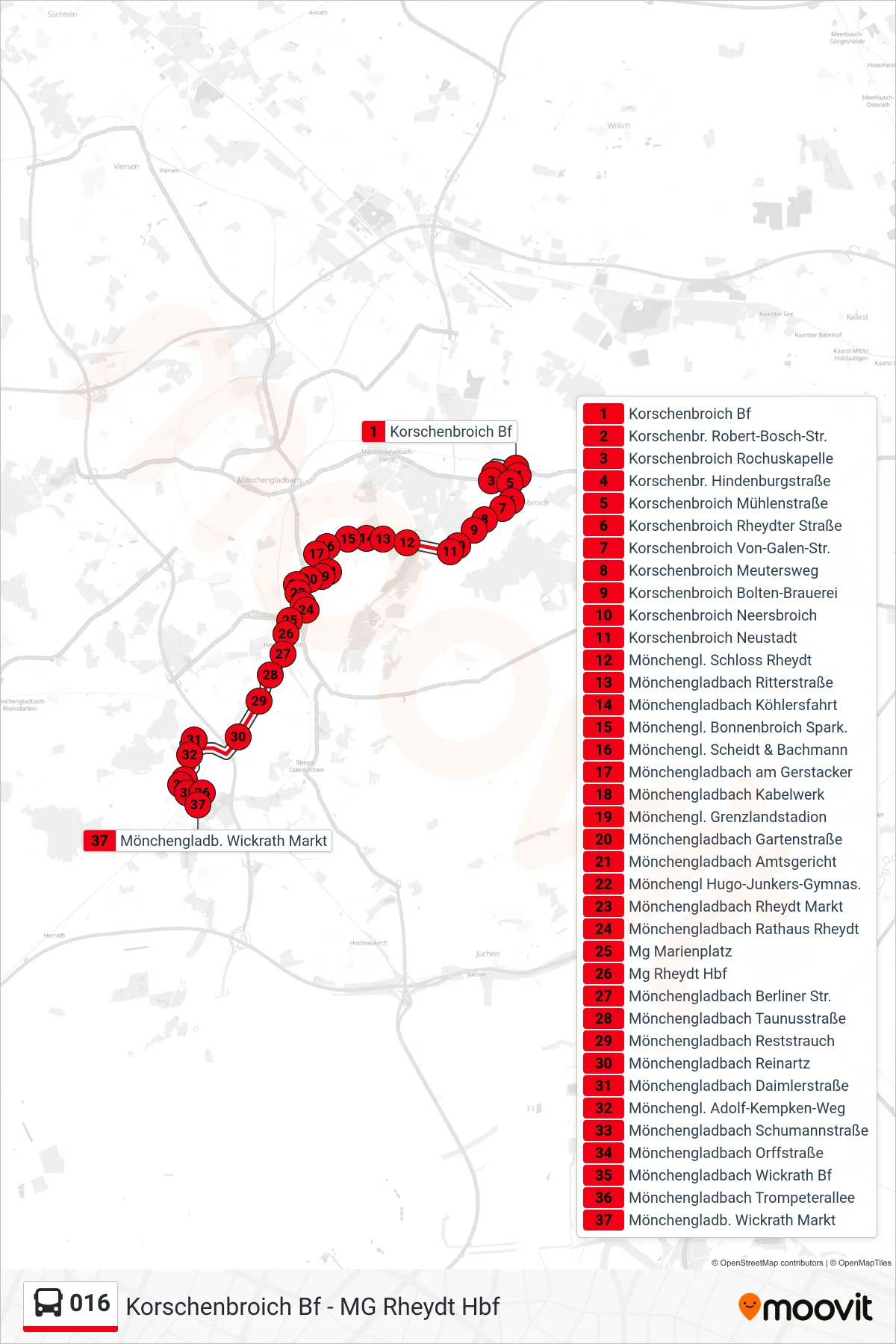016 bus Line (Mönchengladb. Wickrath Markt) route and stops on a map
