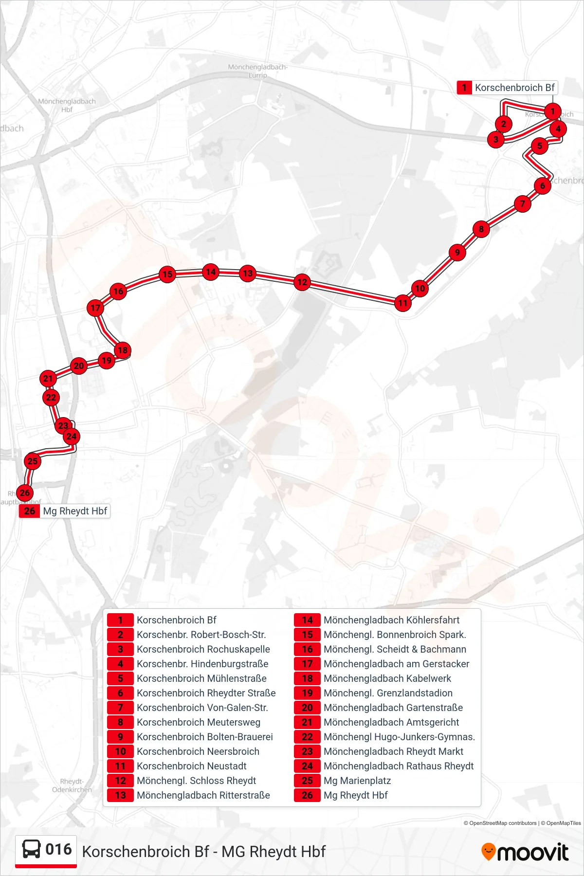 016 bus Line (Mg Rheydt Hbf) route and stops on a map