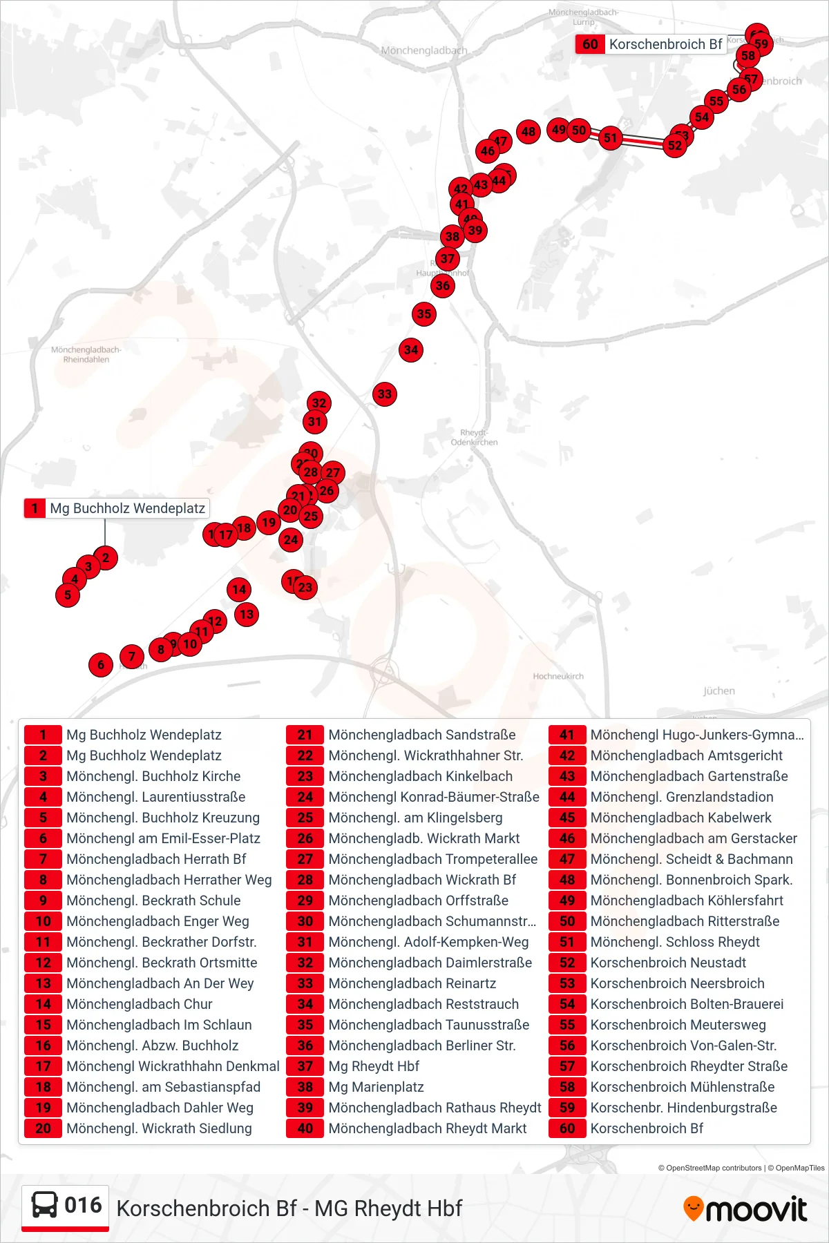 016 bus Line (Korschenbroich Bf) route and stops on a map