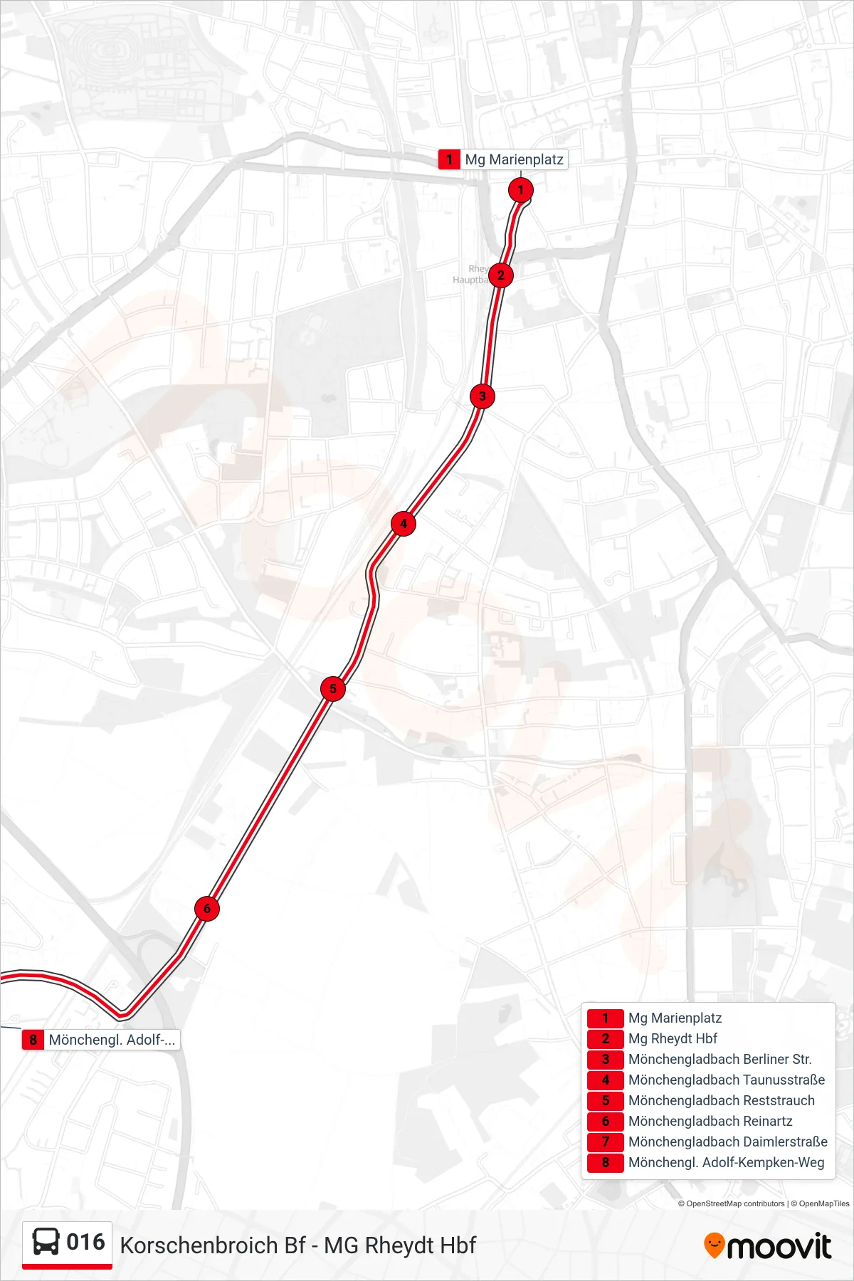016 bus Line (Mönchengl. Adolf-Kempken-Weg) route and stops on a map