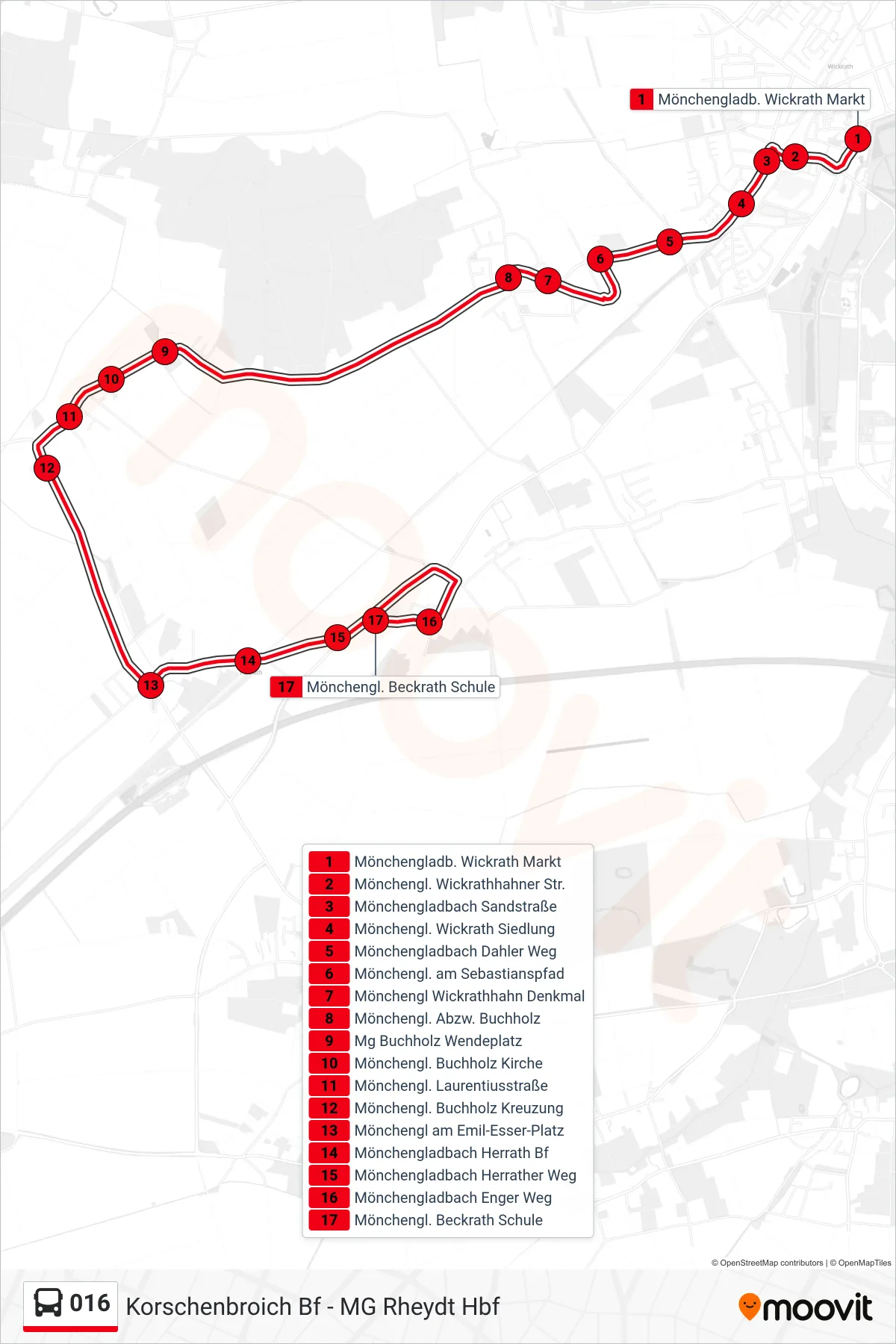 016 bus Line (Mönchengl. Beckrath Schule) route and stops on a map