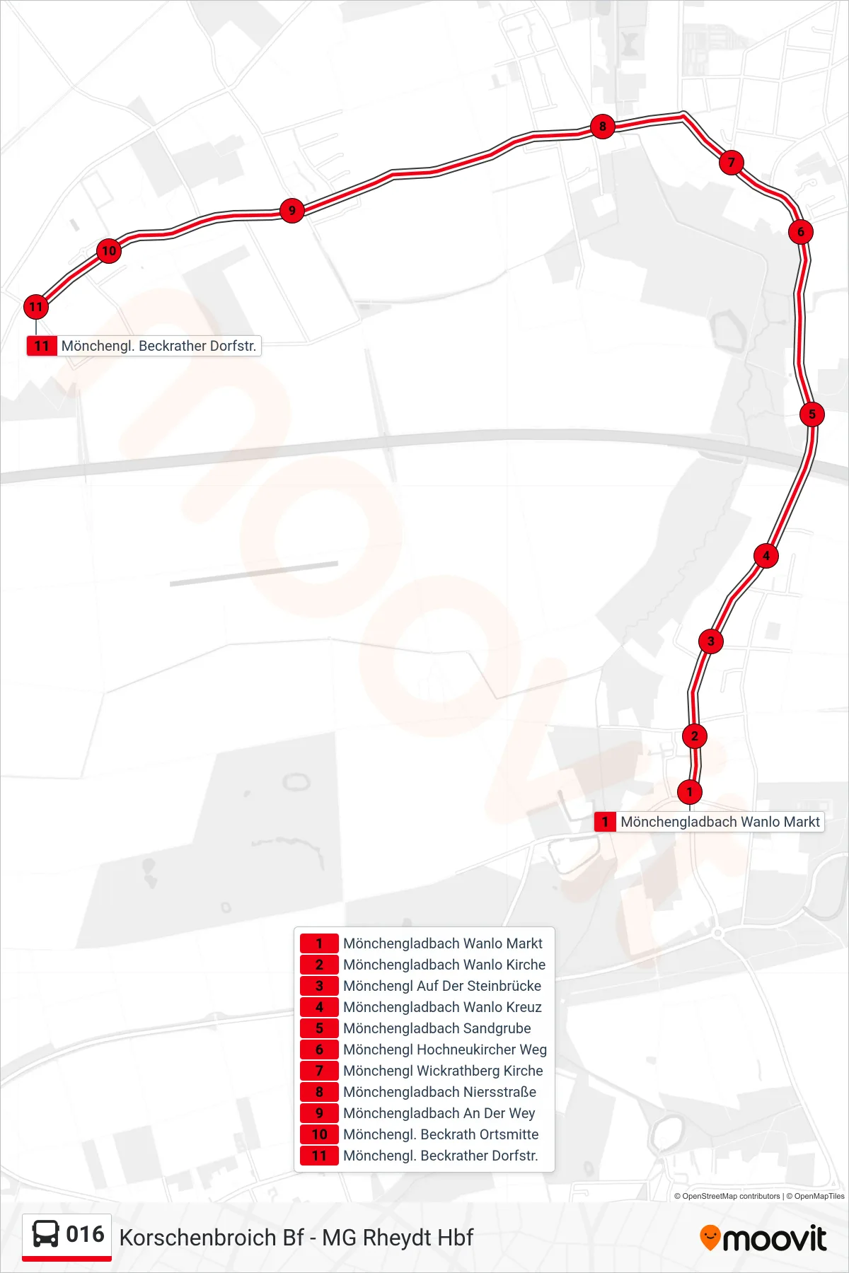 016 bus Line (Mönchengl. Beckrather Dorfstr.) route and stops on a map
