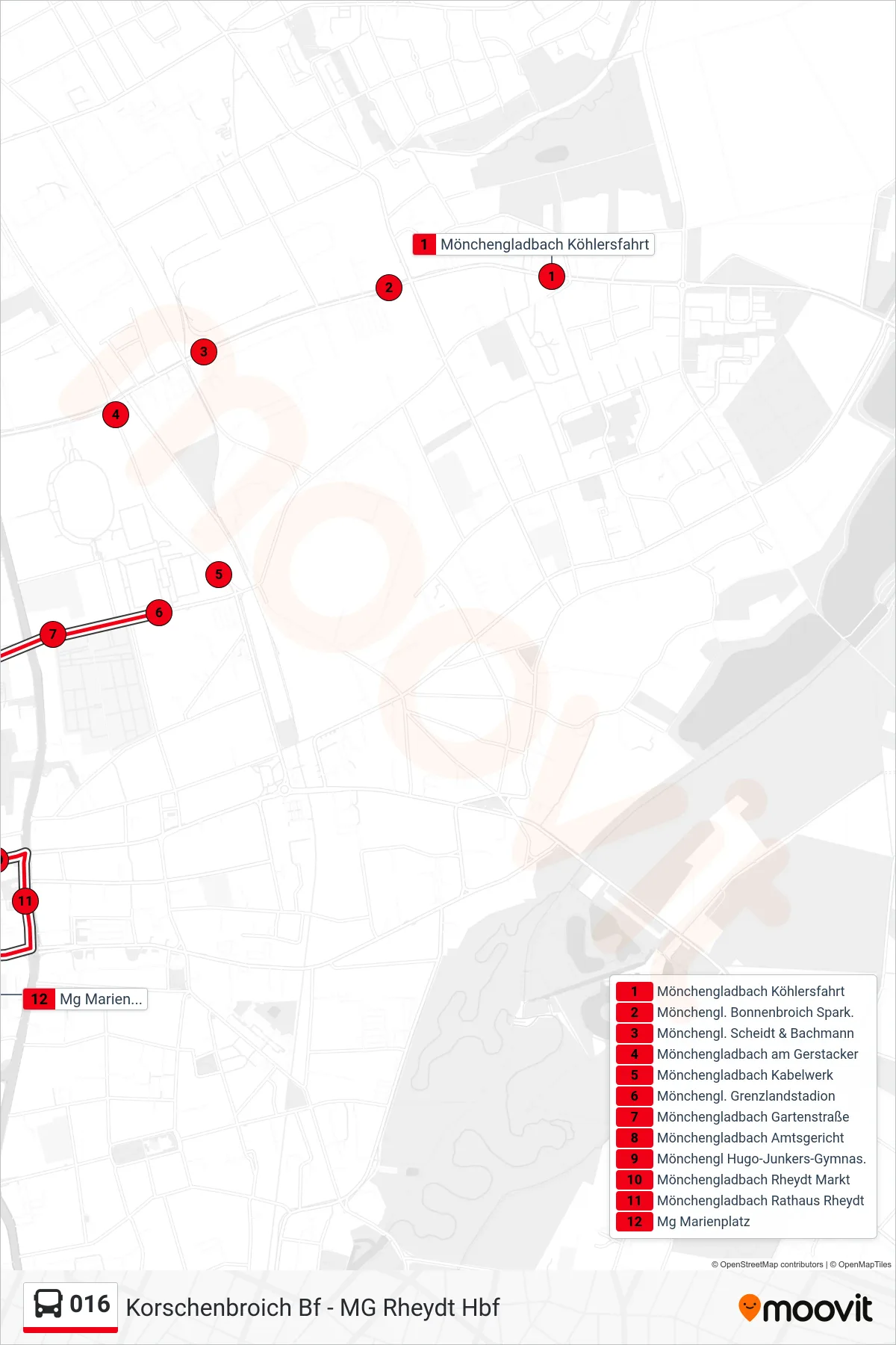 016 bus Line (Mg Marienplatz) route and stops on a map