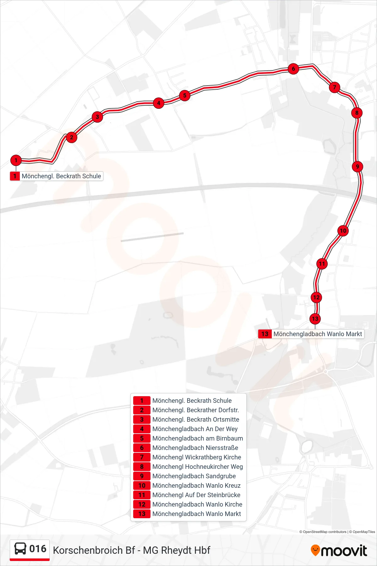 016 bus Line (Mönchengladbach Wanlo Markt) route and stops on a map