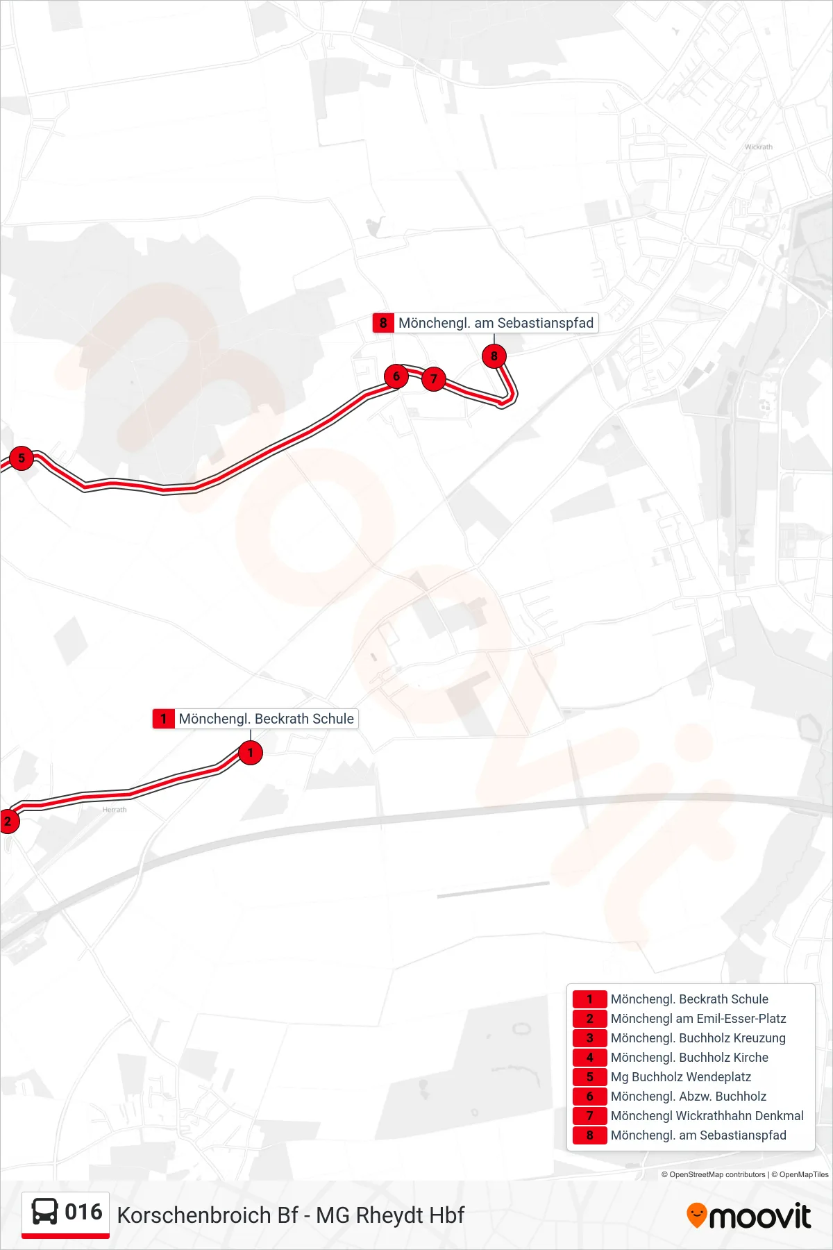 016 bus Line (Mönchengl. am Sebastianspfad) route and stops on a map