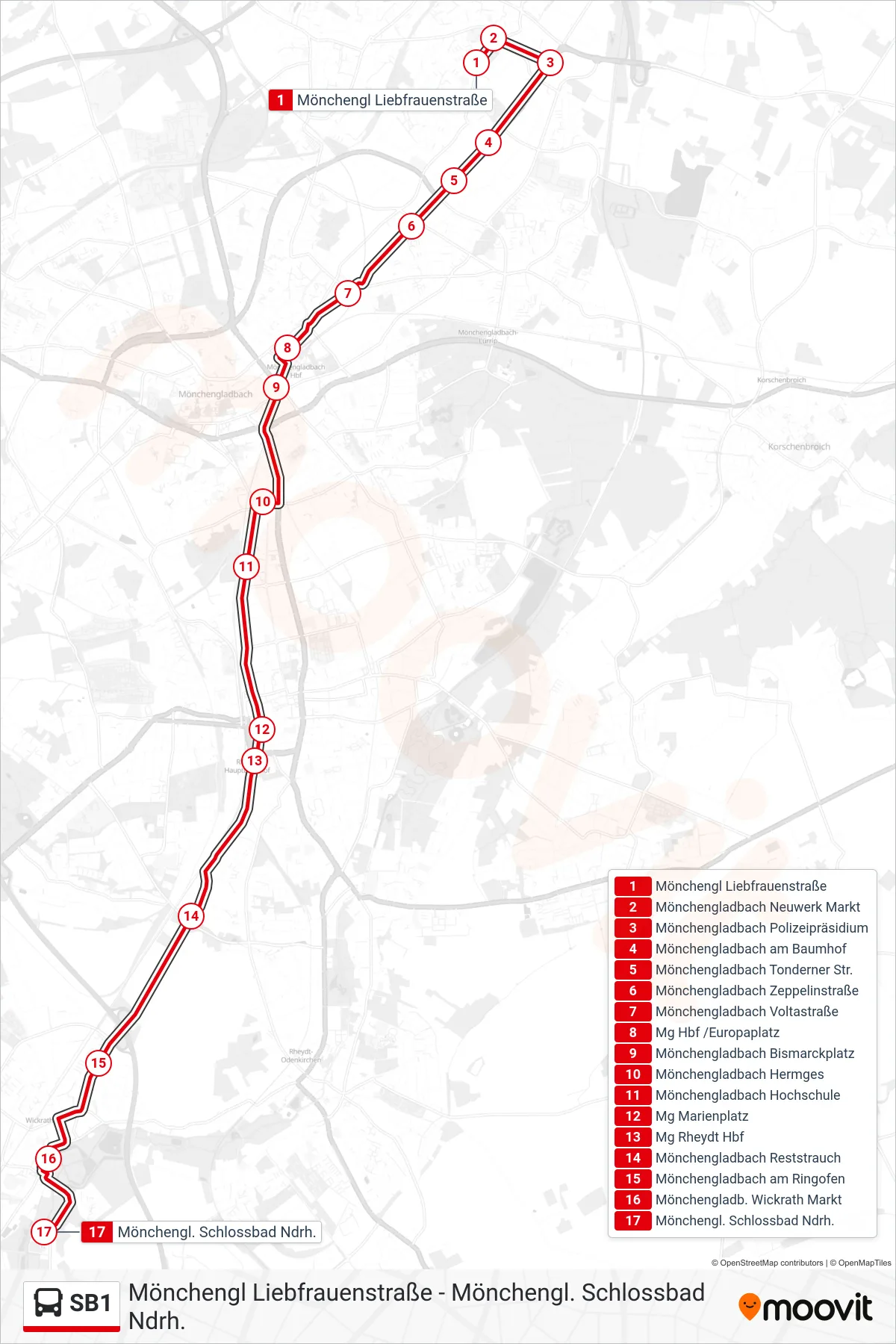 SB1 bus Line (Mönchengl. Schlossbad Ndrh.) route and stops on a map