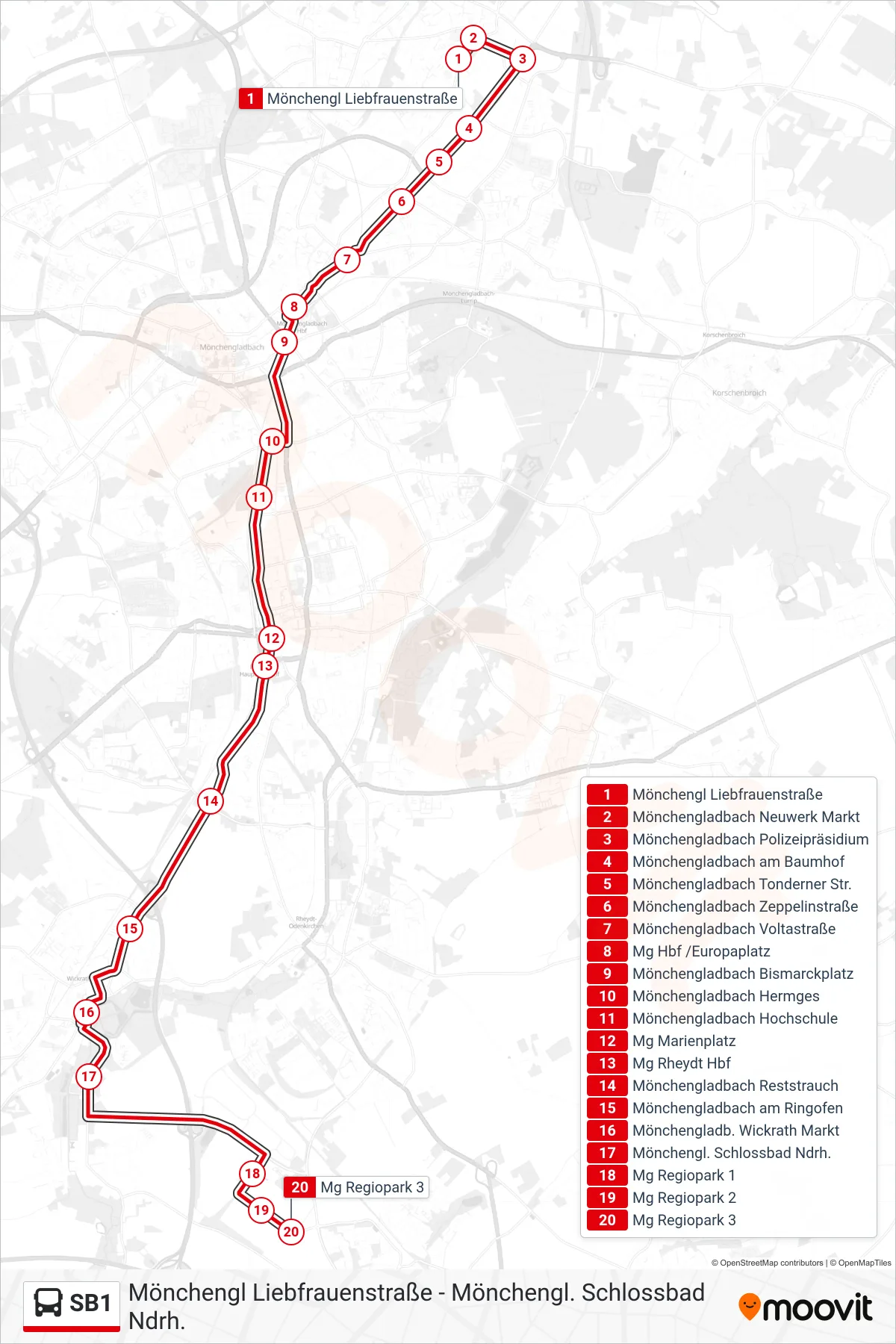 SB1 bus Line (Mg Regiopark 3) route and stops on a map