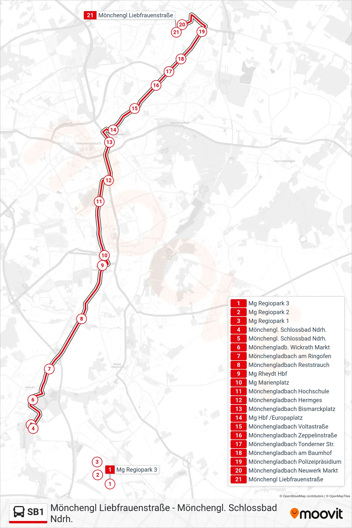 Linie SB1 (Bus) Richtung Mönchengl Liebfrauenstraße: Route und Haltestellen auf der Karte