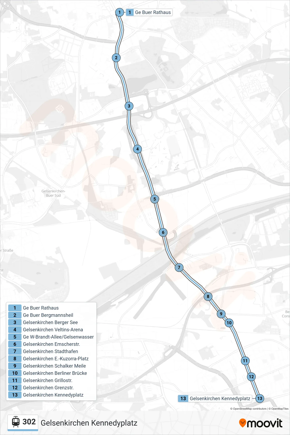 302 light rail Line (Gelsenkirchen Kennedyplatz) route and stops on a map