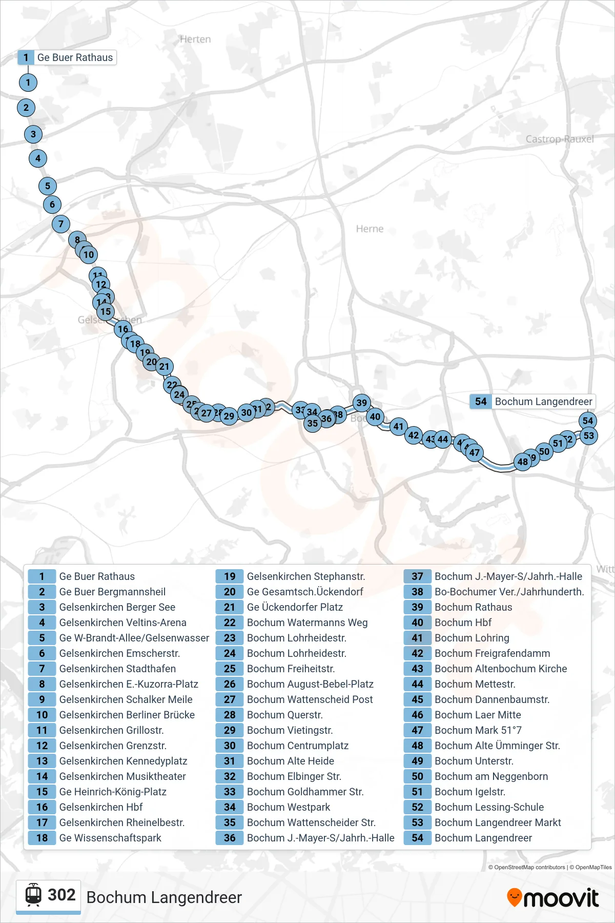 Linie 302 (Straßenbahn) Richtung Bochum Langendreer: Route und Haltestellen auf der Karte