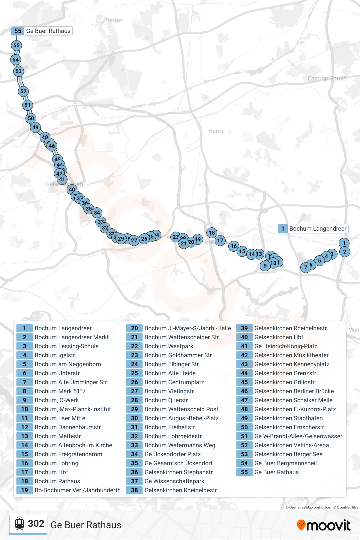 302 tram Line (Ge Buer Rathaus) route and stops on a map