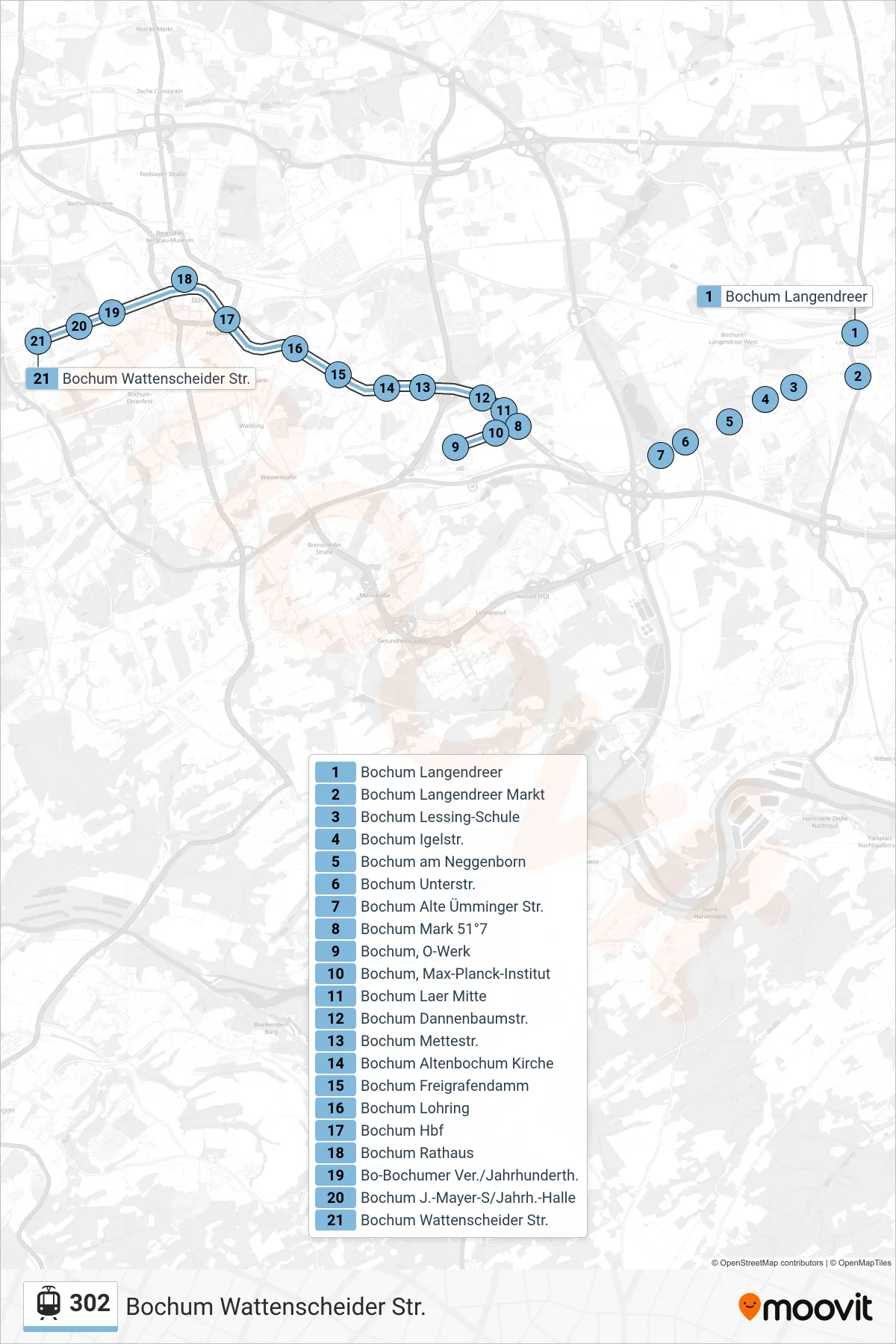 302 tram Line (Bochum Wattenscheider Str.) route and stops on a map