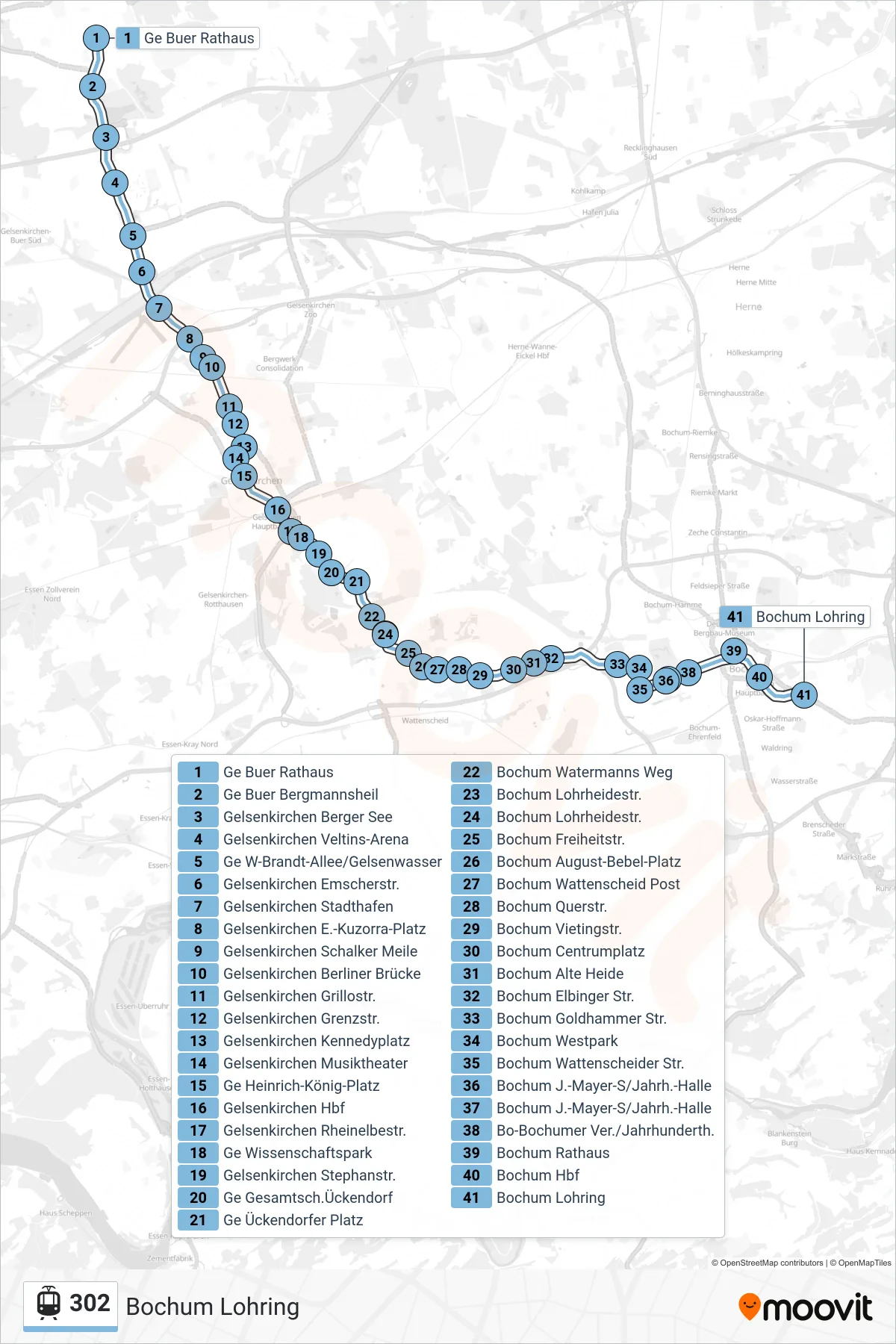 Linie 302 (Straßenbahn) Richtung Bochum Lohring: Route und Haltestellen auf der Karte
