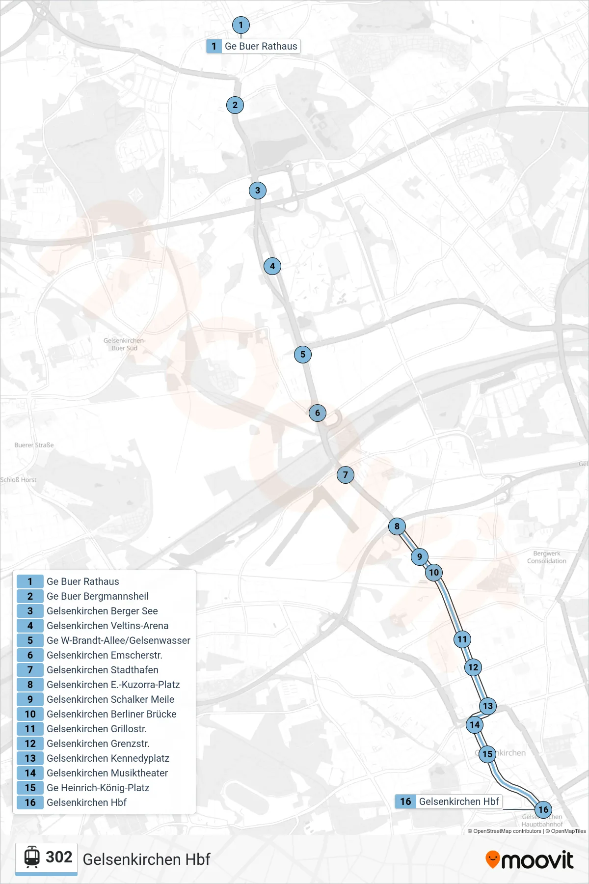 Linie 302 (Straßenbahn) Richtung Gelsenkirchen Hbf: Route und Haltestellen auf der Karte
