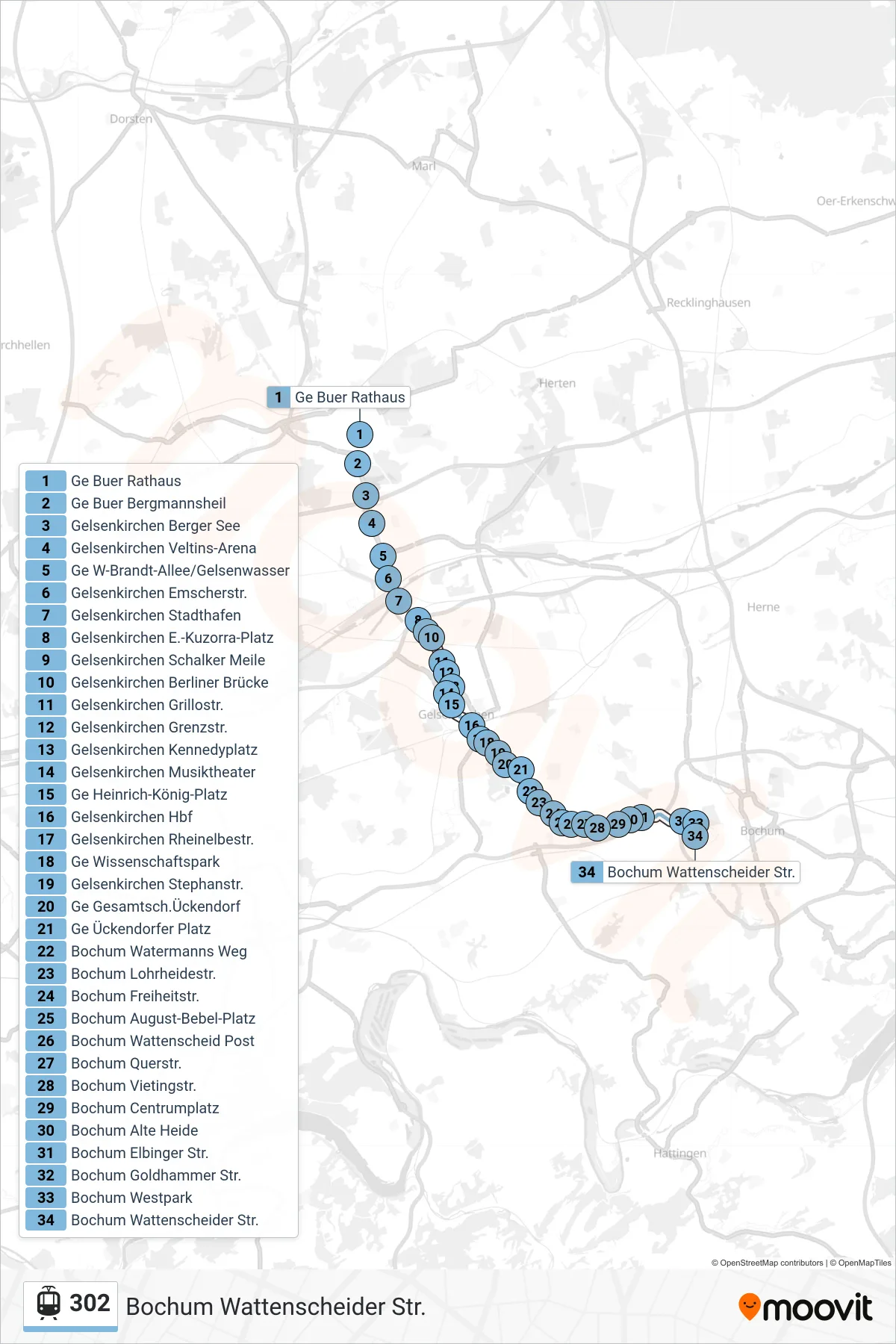 302 tram Line (Bochum Wattenscheider Str.) route and stops on a map