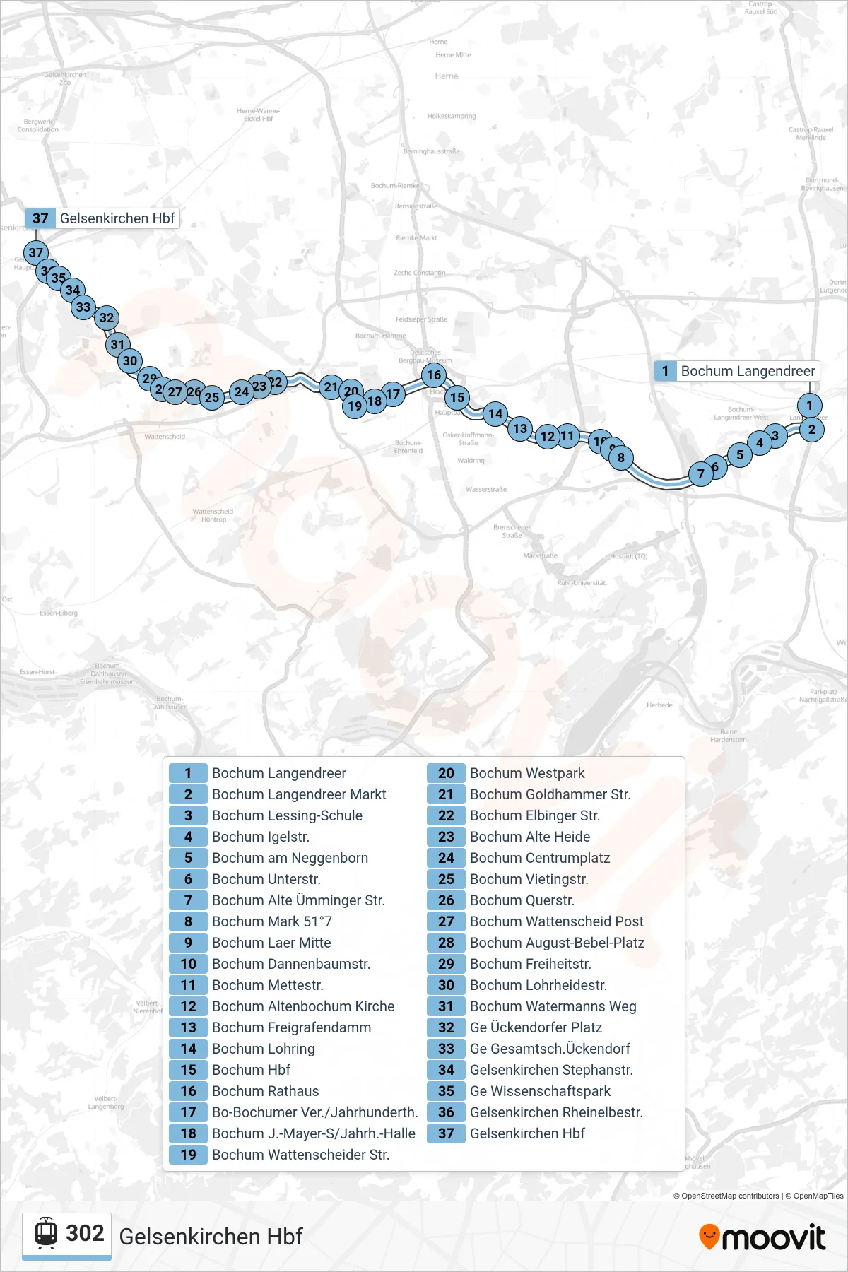302 tram Line (Gelsenkirchen Hbf) route and stops on a map